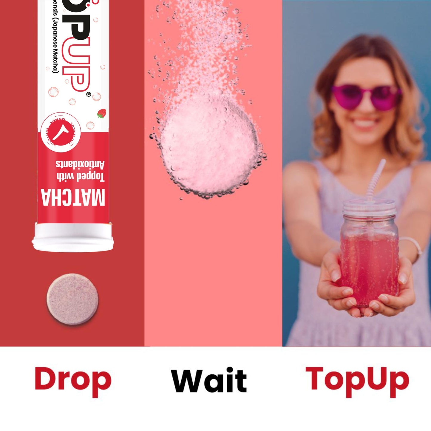 TopUp Organic Japanese Matcha Green Tea Effervescent Tablets for Energy & Focus | Helps Detox & Clear Skin | (Strawberry Watermelon Flavor)