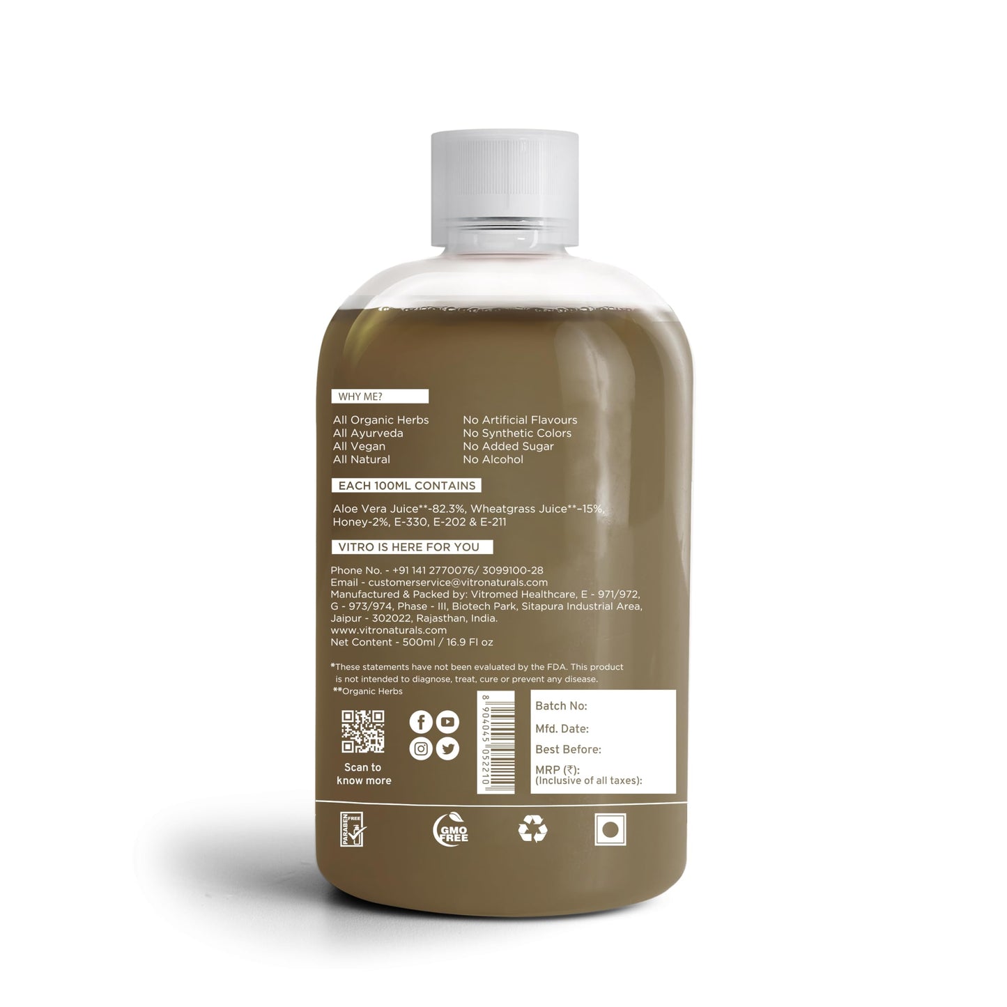 Vitro Aloe Wheatgrass Juice 500 ml | Ayurvedic Detox Drink for Liver Cleanse, Digestion, Blood Purification & Metabolism | 82% Aloe Vera & 15% Wheatgrass