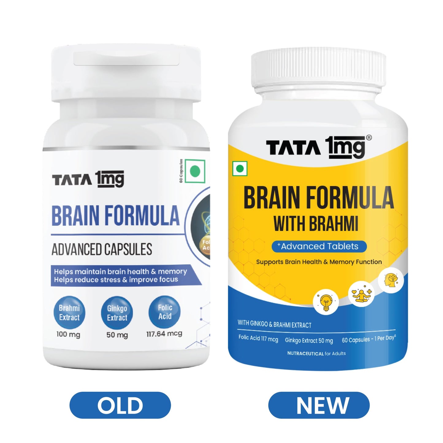 1MG Tata Brain Formula With Vitamin B Complex, L-Tyrosine, L-Theanine, Brahmi, Ginkgo And Pine Bark Extract Capsule Helps In Improving Memory And Concentration For Unisex (Pack Of 60 Capsules)
