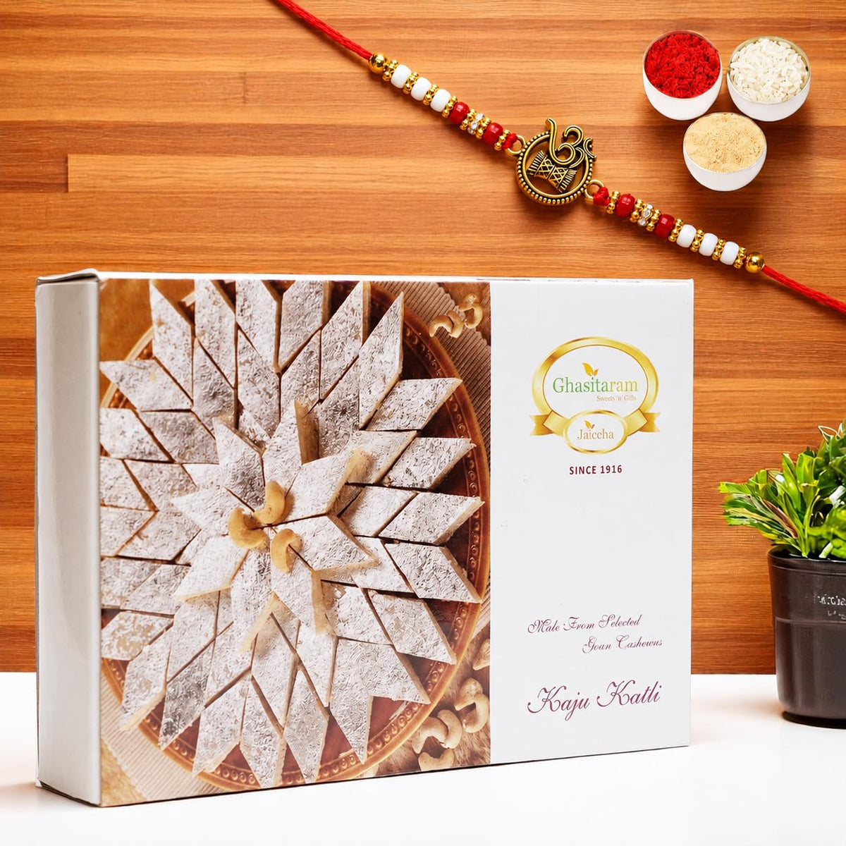 Ghasitaram Gifts Rakhi Gifts For Brother Rakhi Sweets - Ghasitarams Pure Kaju Katlis Box 200 gms with Om Rakhi
