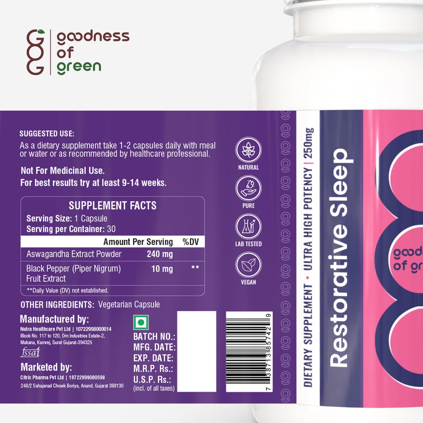 Goodness of Green Restorative Sleep Capsules, Ashwagandha & Black Pepper, Reduces Stress, Improves Sleep Quality & Rebalances Your Sleep Cycle, Plant-Based 30 Veg Capsules