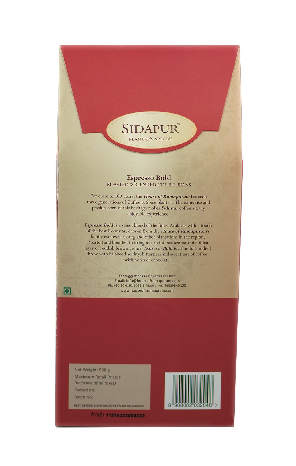 Sidapur Espresso Bold - Roasted Coffee Whole Beans for Espresso Machines - 500g