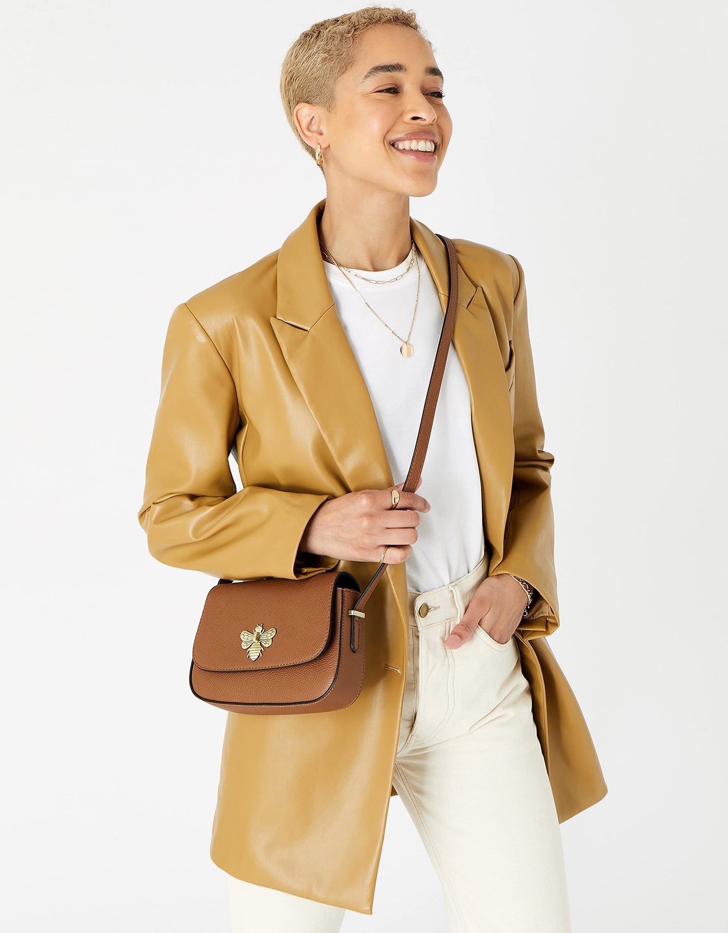 Accessorize London Women's Brown Faux Leather Tan Britney Bee Sling Bag | Daily Use Messenger Ladies Purse, Stylish Side Bag For Women
