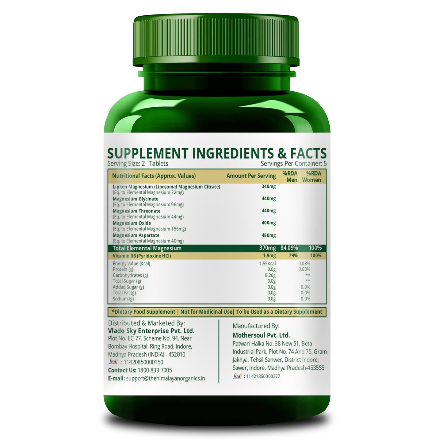 Vlado's Himalayan Organics 5X Strength Liposomal Magnesium Supplement - 2100mg+ with Chelated Magnesium Glycinate, Citrate, Oxide | For Sleep, Cramps, Recovery, Nerve & Muscle Function - 10 Tablets