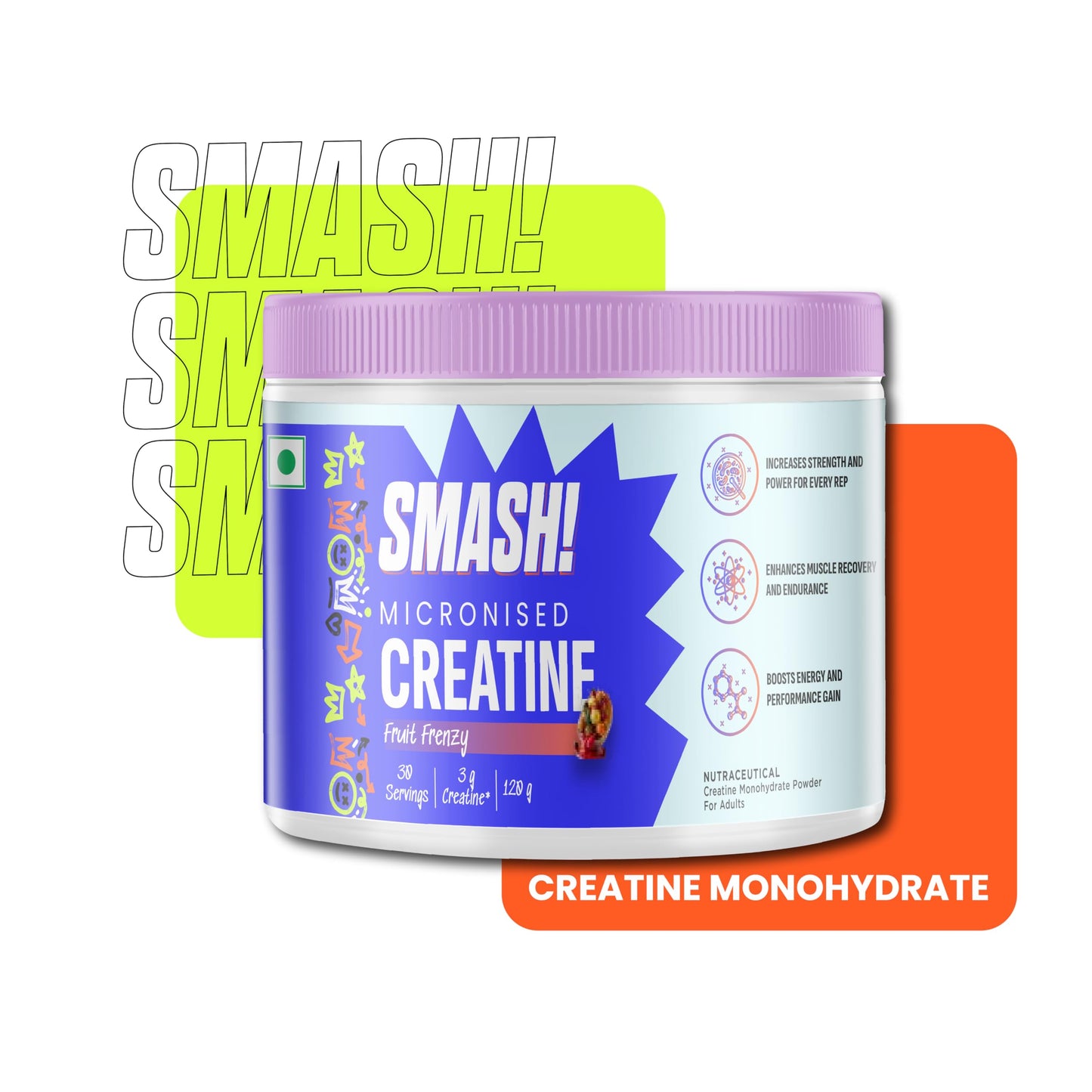 SMASH Micronised Creatine Monohydrate Powder, Fruit Frenzy (30 Servings, 120g)