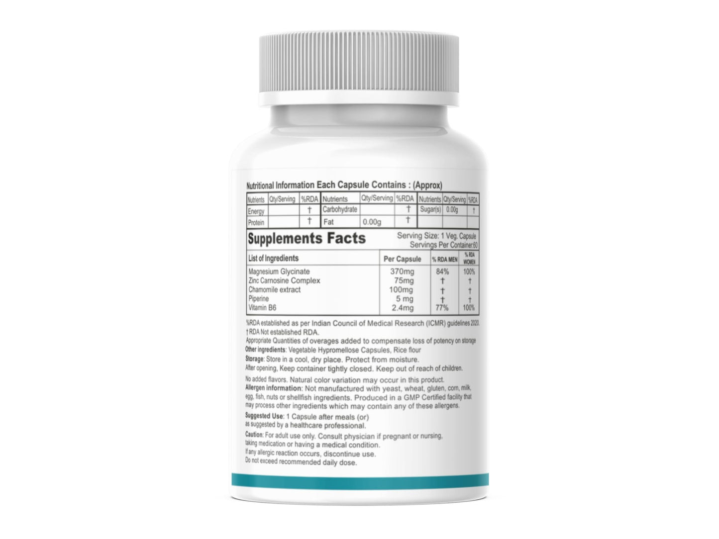 Zincasin -Mg with Zinc Carnosine, Magnesium glycinate, Chamomile, Vitamin B6 & Piperine | Leaky Gut | Digestive & Stress Support | Gut Soothing & Relaxation Support Supplement – 60 Capsules