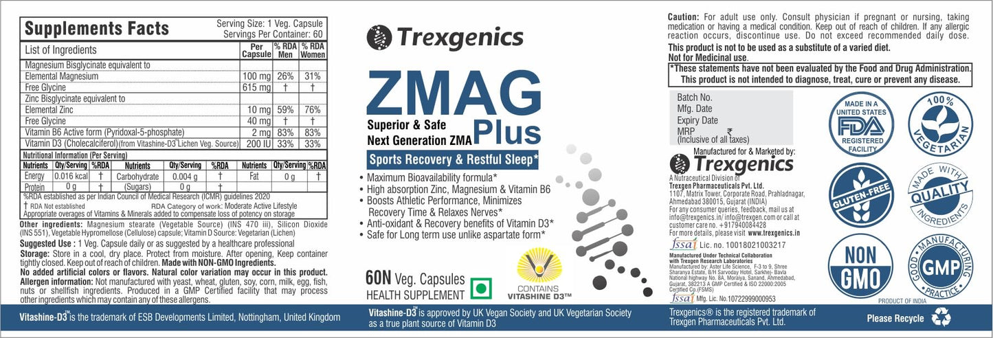 Trexgenics ZMAG PLUS Next Generation Sports Recovery, Restful Sleep complex with Bioactive Zinc & Magnesium Bisglycinate, Active B6 P5P & Vit. D3 Advanced, Bioavailable & Safe (60 Veg Capsules)