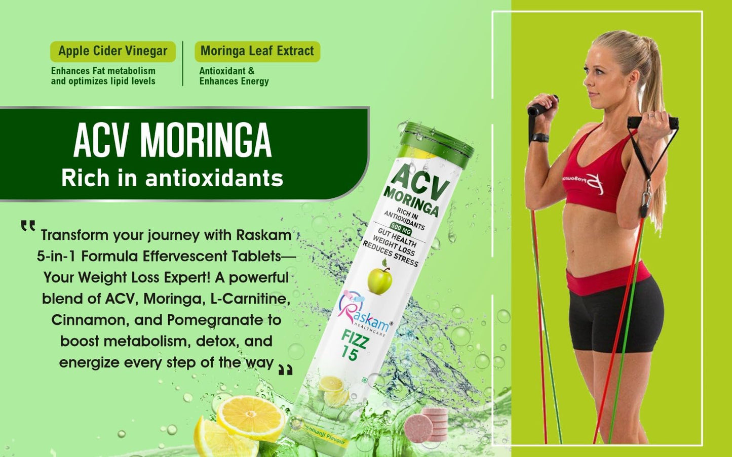 Raskam ACV Moringa 500mg Shikanji Flavour 15 Effervescent Tablets For Gut Health | Weight Loss | Reduces Stress | 100% Vegan | 15 Tablets Each (Pack of 1)