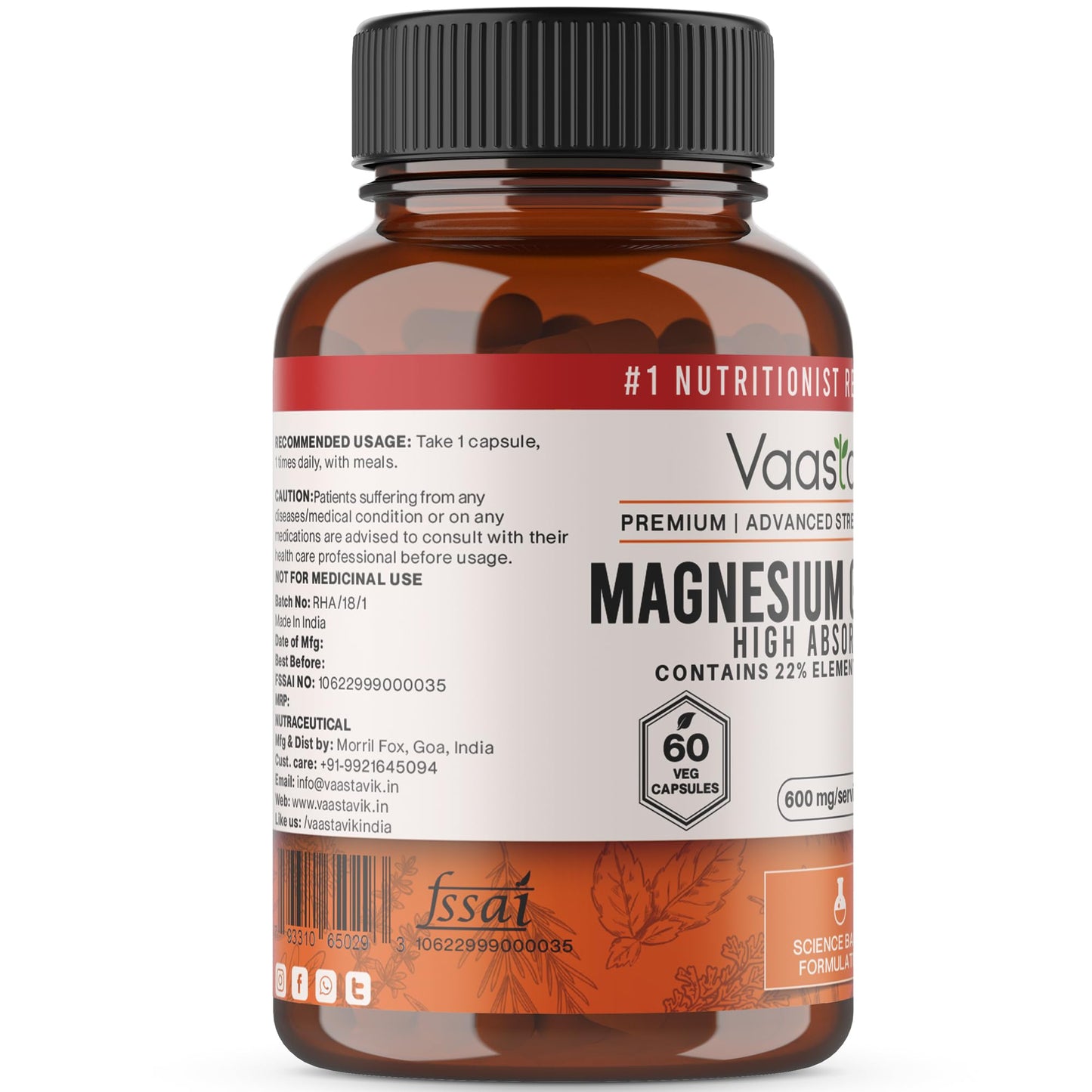 Vaastavik Magnesium Glycinate Supplement 120 Veg Capsules