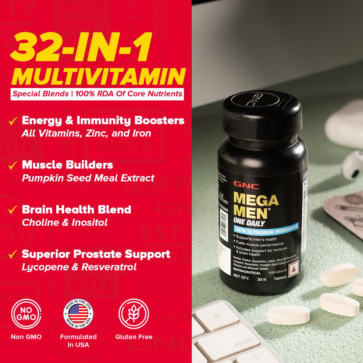 GNC Mega Men One Daily Multivitamin|30 Tablets|32 Premium Ingredients|Promotes Men'S Well-Being|Supports Muscle Function|Boosts Immunity|Improves Memory & Focus|Formulated In Usa,1 Count,30 Servings