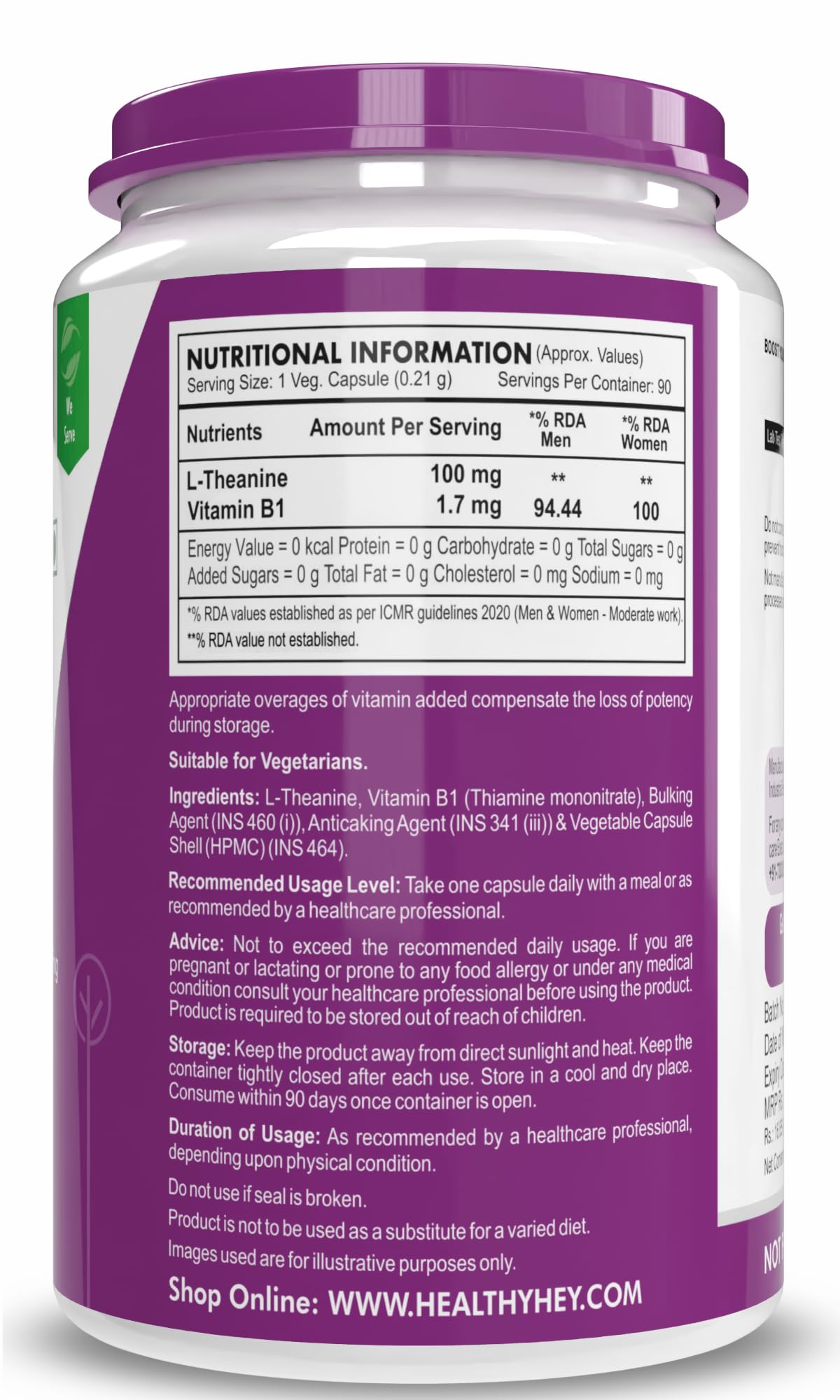 HealthyHey L-Theanine-Support Relaxation - 90 Vegetarian Capsules (Pack of 1)