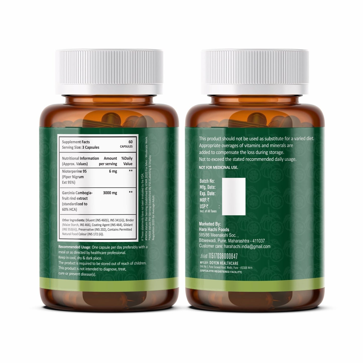 Hara Hachi World's No. 1 Garcinia Cambogia 3000mg 60% HCA & 6mg Piperine Per Serving | Weight Loss Supplement For Men & Women | Unwanted Appetite Suppressant - 60 Veg Capules | Pack of 1