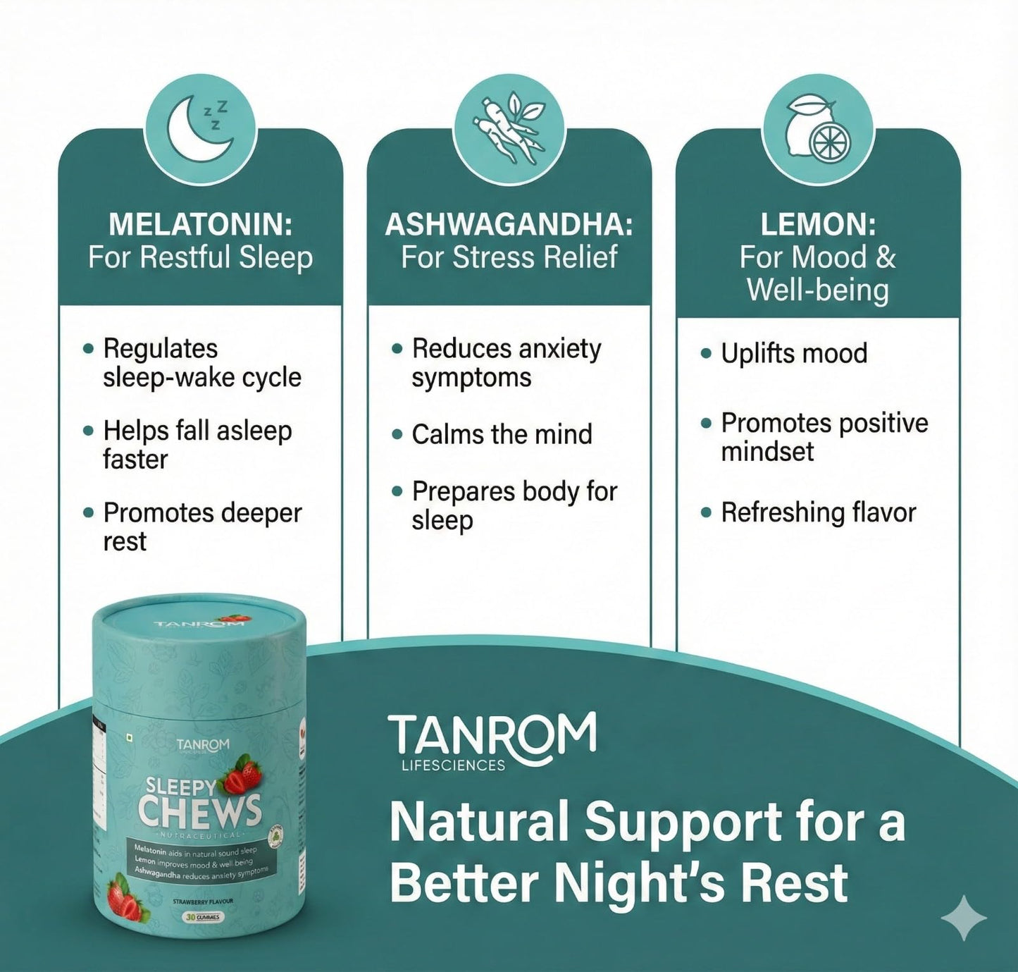 SleepyChews, 30 Gummies, Strawberry Flavor, Natural Sleep and Anxiety Relief Supplements with Ashwagandha, Melatonin, Valerian Root, No Added Sugar, Vegan