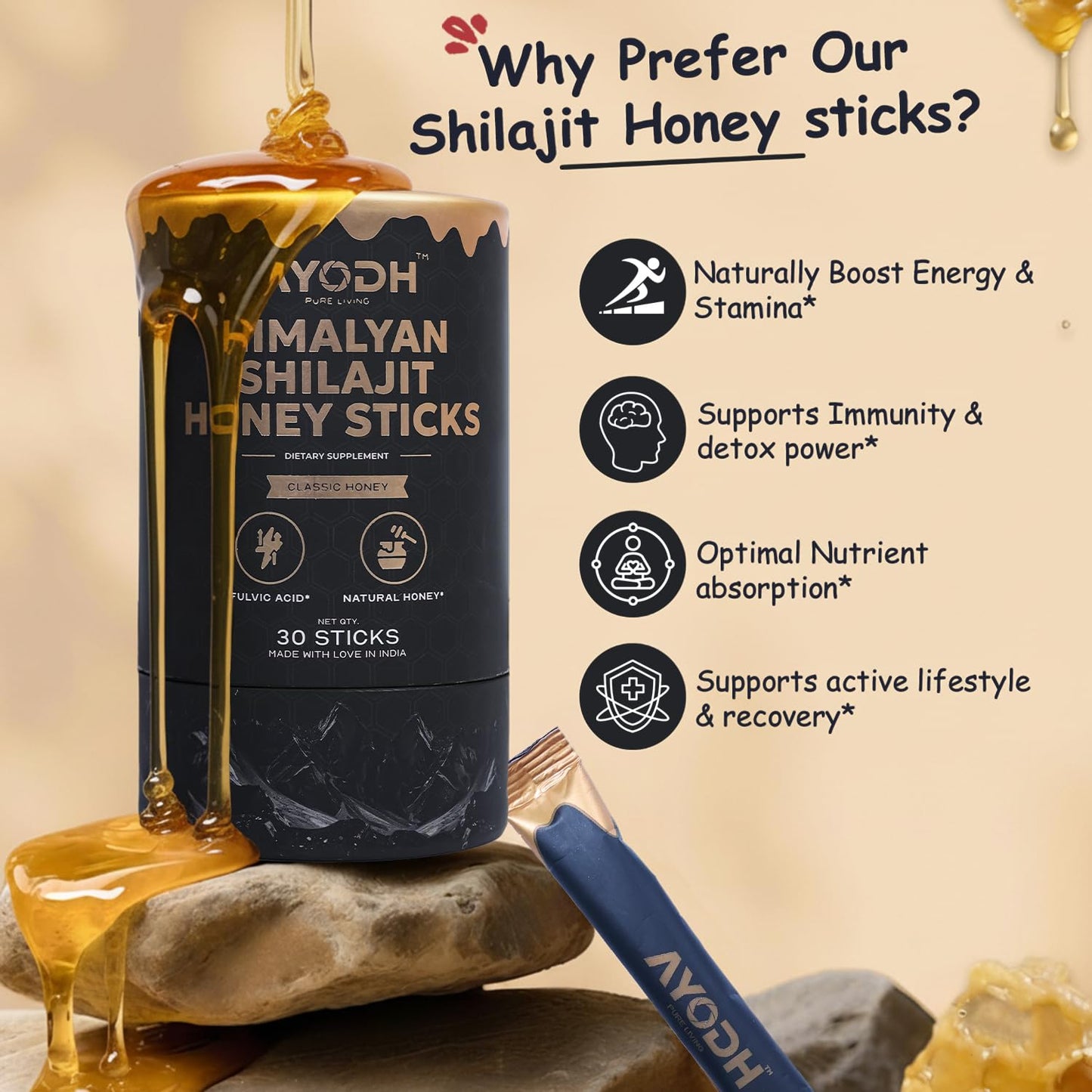 AYODH Ashwagandha Himalayan Shilajit Honey Sticks Bundle | 60 Sticks | Daily Wellness Vitality Support