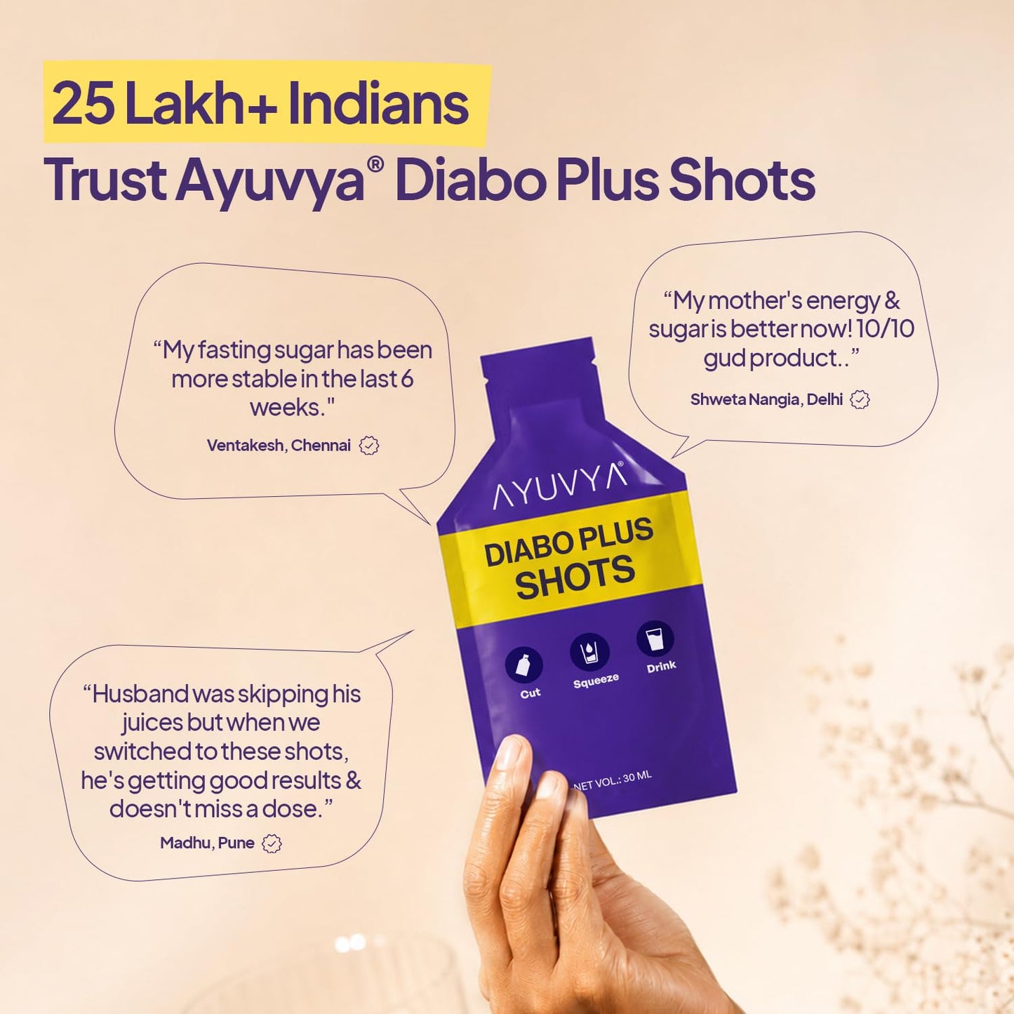 Ayuvya Diabo Plus Shots | For Type 2 Diabetes & PreDiabetes | Helps Manage Healthy Sugar Levels | Packed With Powerful Ayurvedic Ingredients Jamun, Karela, Neem & 10+ Ayurvedic Herbs | No Added Sugar| Pack of 1 Month