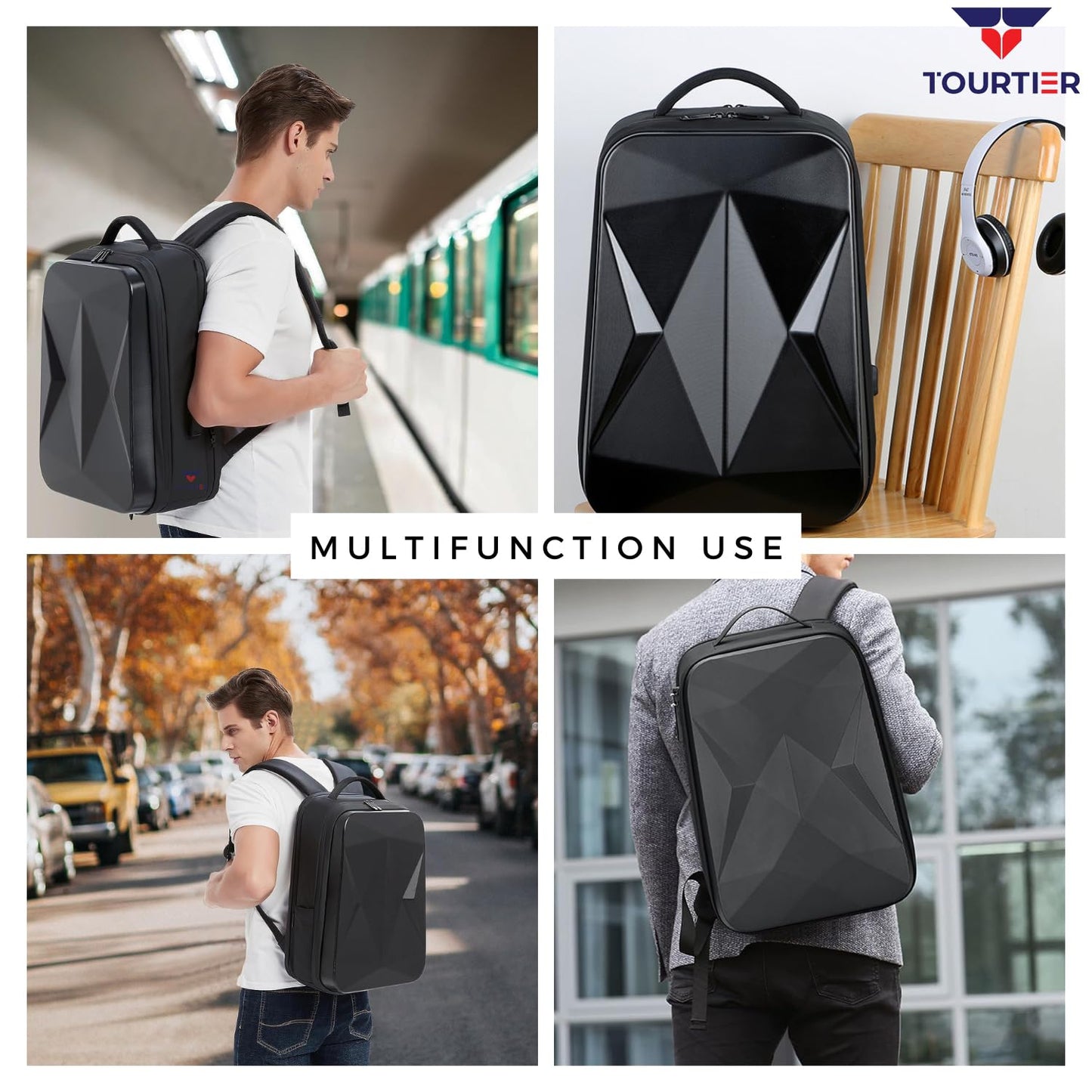 TOURTIER Hard shell Business Travel Laptop Backpack with USB Charging Port Daypack for Men Women (DESIGN-1, BLACK)