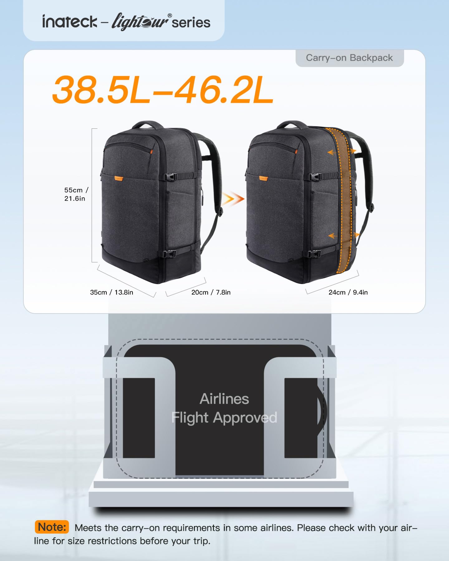 Inateck Large Airline Approved Carry-On Travel Backpack, Black, 46.2L, Expandable Travel Backpacks for Women and Men