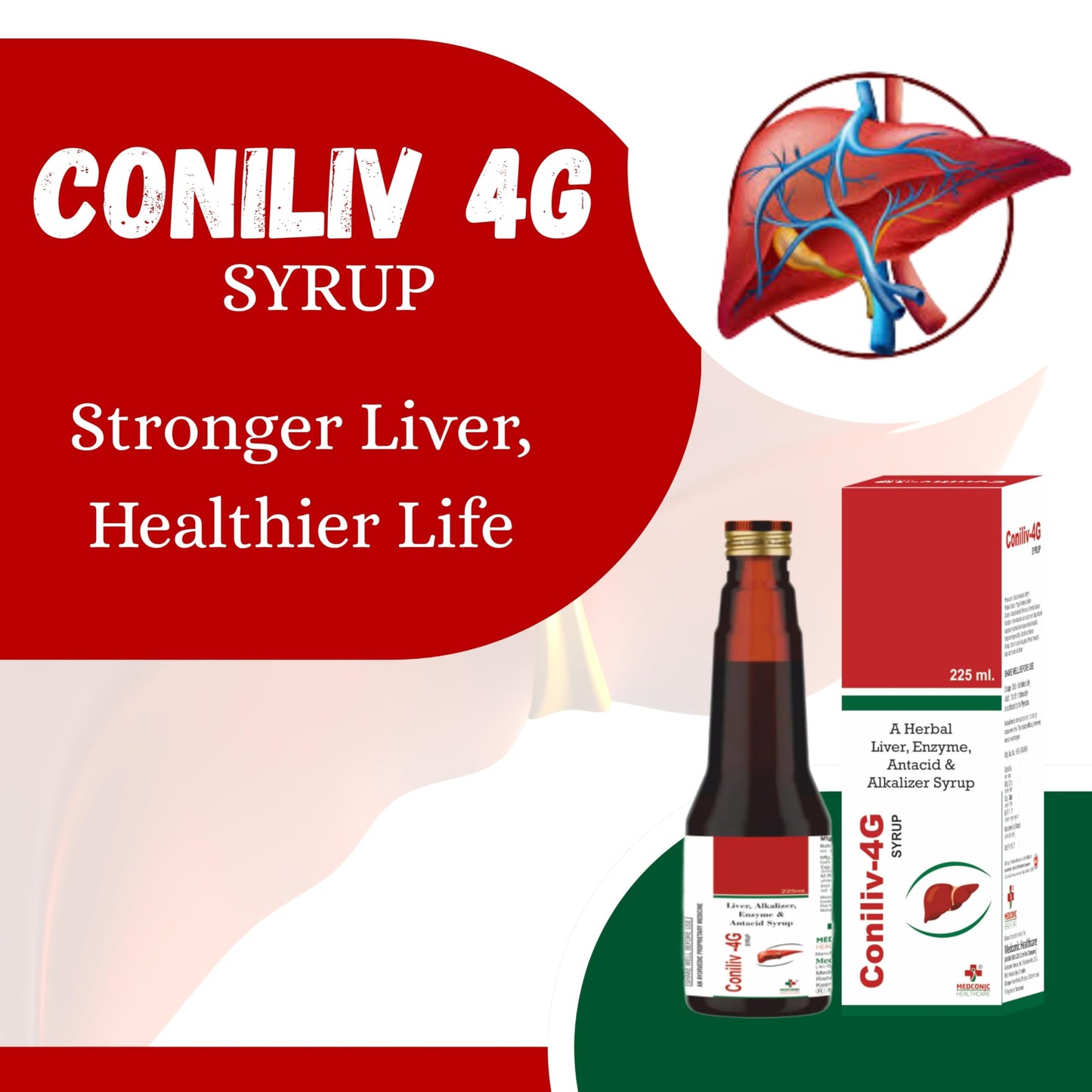 Medconic Healthcare Coniliv 4G Syrup | Ayurvedic Liver Tonic with Kutki, Kalmegh, Bhringraj, Punarnava & Herbal Extracts for Liver Health & Digestion – 225 ml