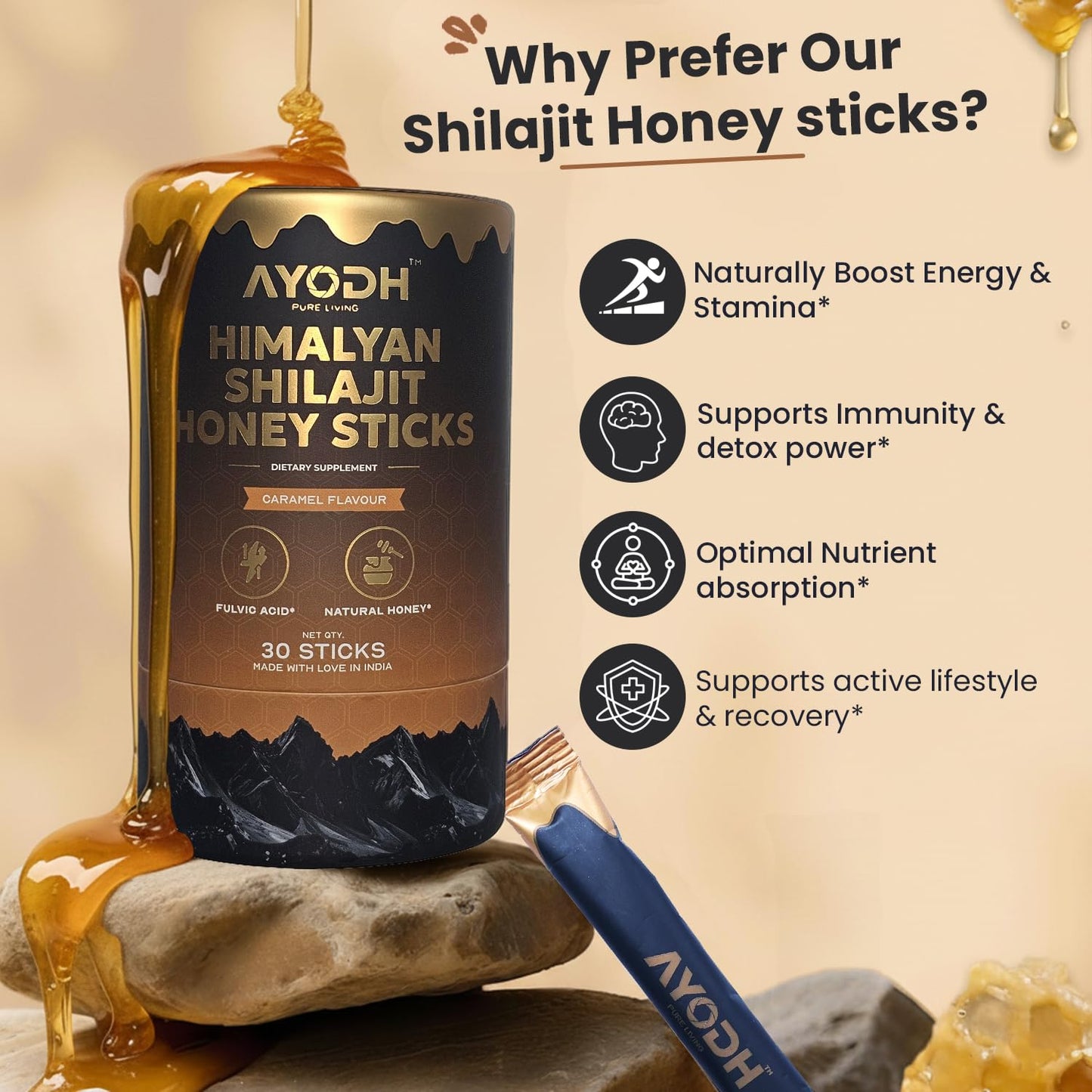 AYODH Pure Himalayan Shilajit Honey Sticks with Natural Honey Caramel 30 SingleServe Packets | Boost Energy Immunity Detoxification | Rich in Fulvic Acid Trace Minerals Perfect for Men Women | Pack of 2