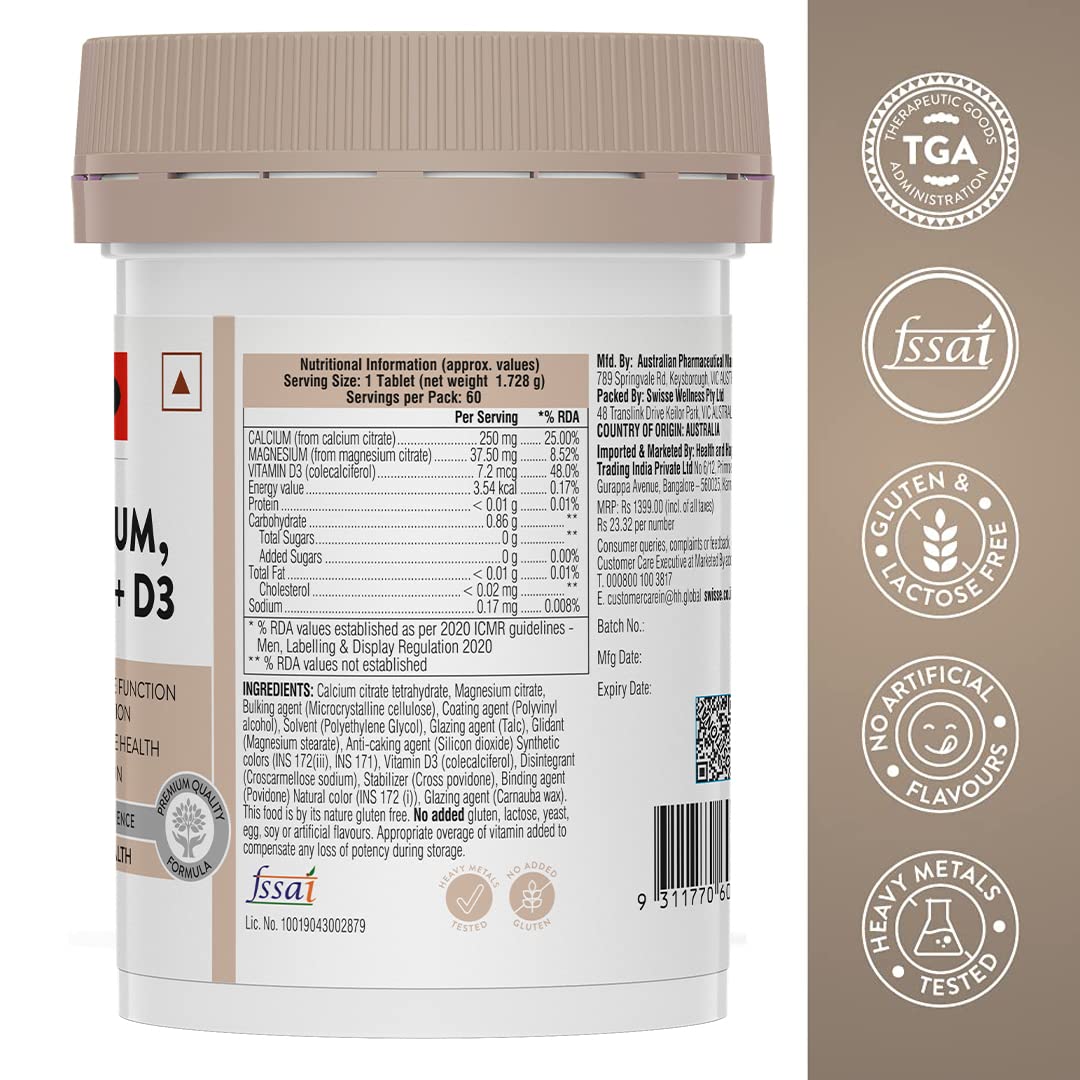 Swisse Magnesium, Calcium+D3 - 60 Tablets (1 Tablet Per Serving)- image 9