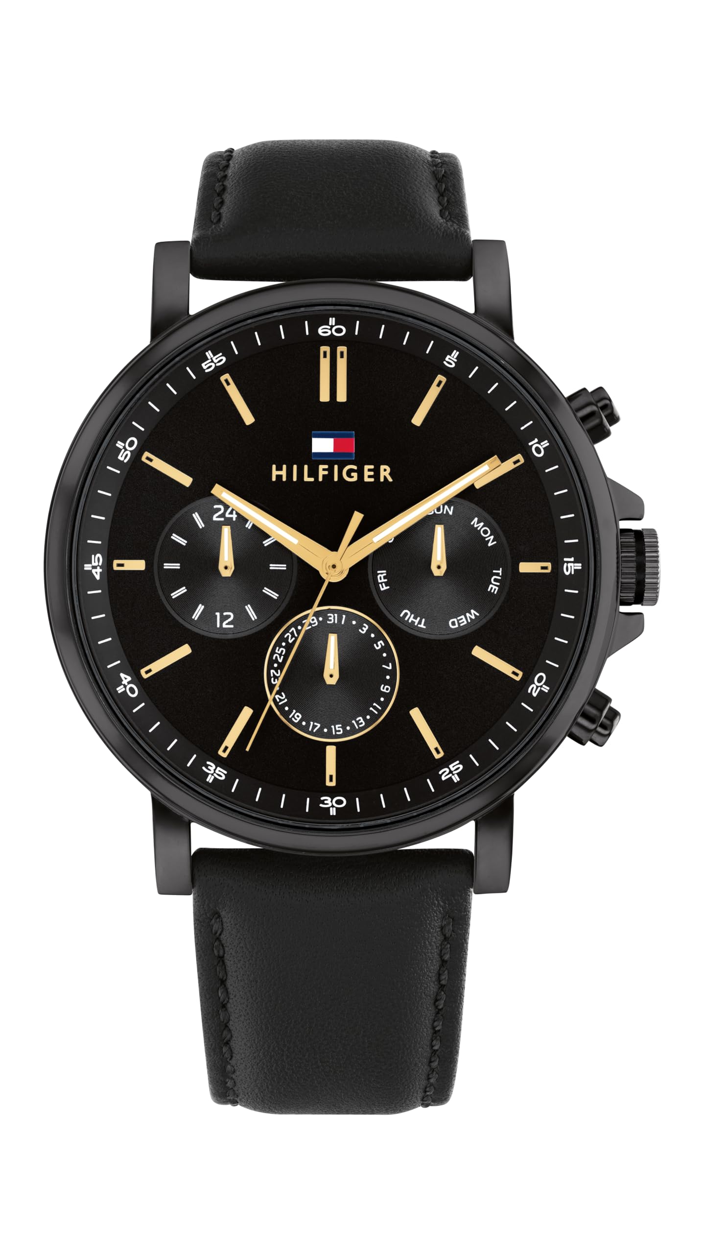 Tommy Hilfiger Men's Multifuction Stainless Steel & Black Leather Strap Analog Watch