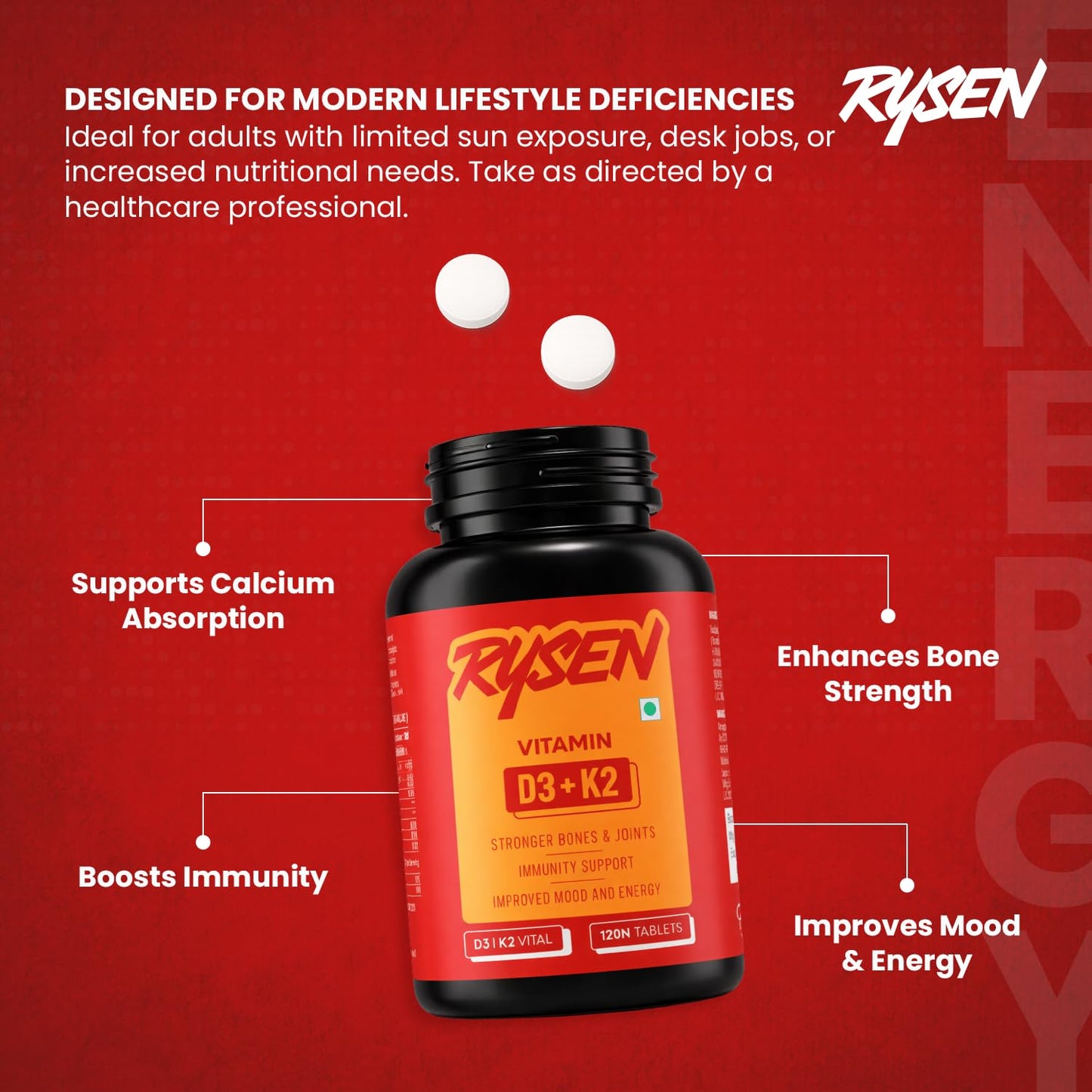 RYSEN Vitamin D3 + K2 MK-7 Tablets (120 Vegan Tablets) | Supports Calcium Absorption, Bone & Heart Health | Vitamin D Supplement for Men & Women | K2 55 mcg, D3 600 IU | Lab Tested