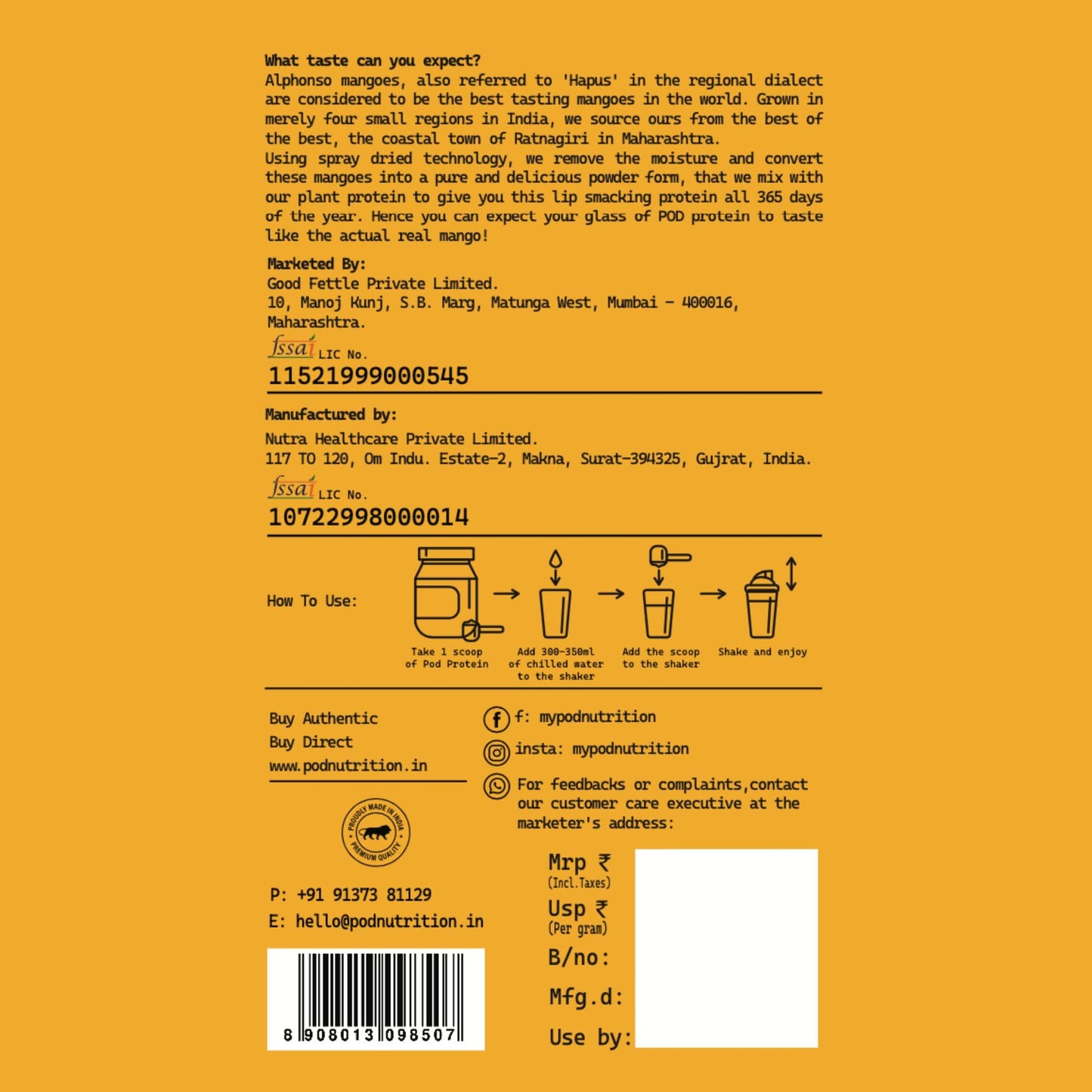 POD NUTRITION Plant Protein Isolate | Hapus Mango - (Pack of 6) | 26g Protein/Sachet | Vegan, No Added Sugar, Dairy Free | 100% Authentic & No Adulteration | Clean, Light & Easy to Digest | Travel Pack