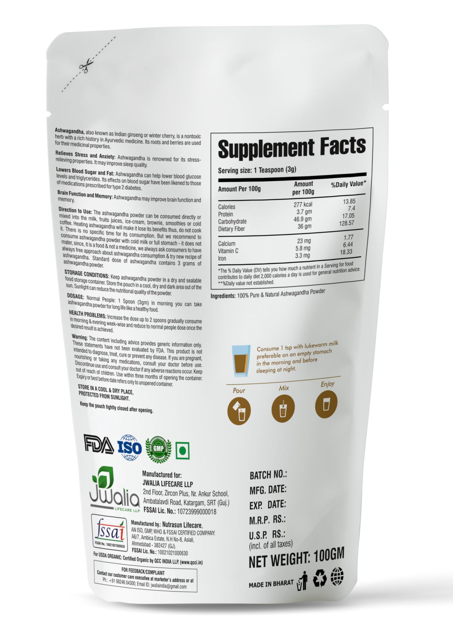 MYHERB 100% Pure Natural Organic Ashwagandha Powder || 100 Gm || Withania Somnifera || Ayurvedic Formula || Support for Stress-free Living- For Men And Women