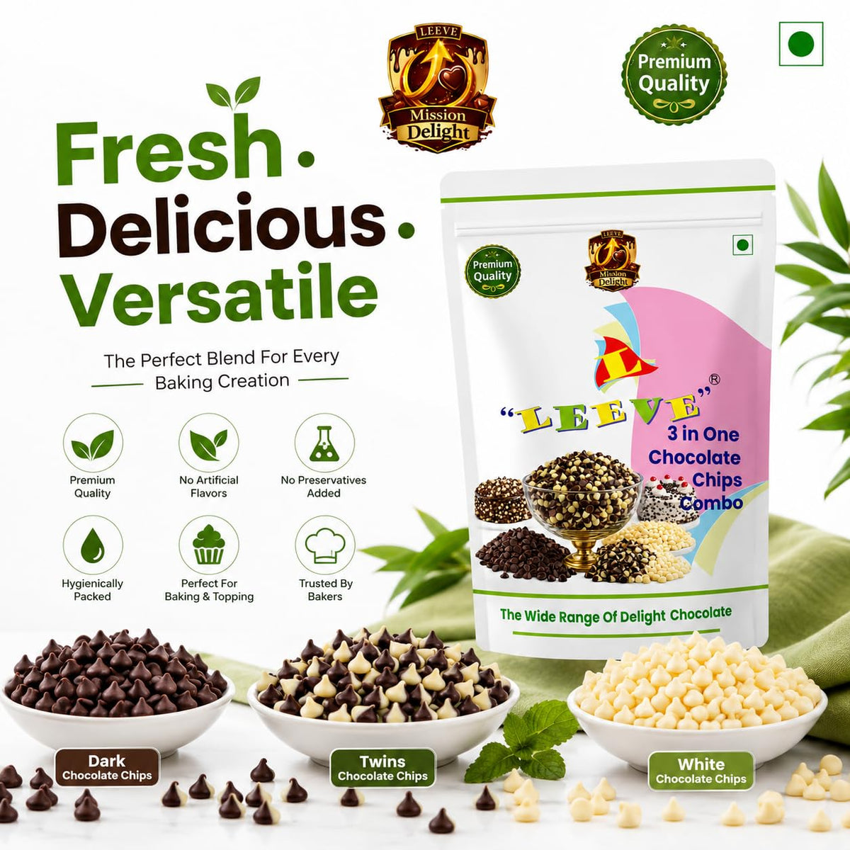 Leeve 3 in One Chocolate Chips Combo 400g | White Chocolates Chip, Dark Choco Chip's & Twins Chocolate Chips | Baking Toppings for Cakes, Cookies, Brownies & Dessert Decoration