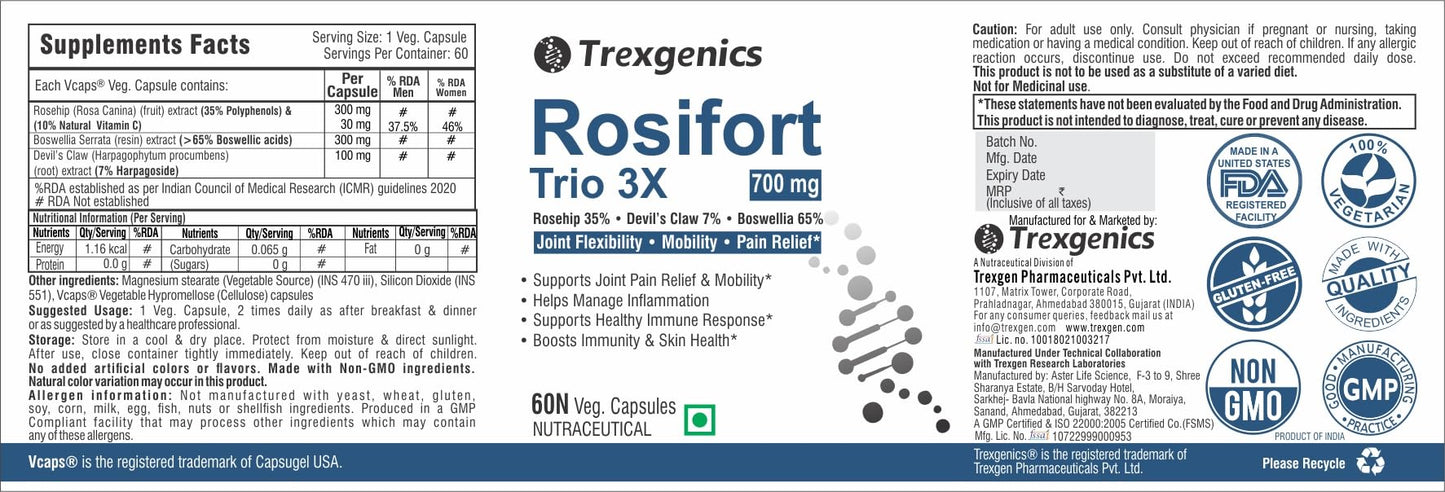 Trexgenics Rosiforte Trio Rosehip, Boswellia, Devil's Claw 700 mg Vegan- image 7