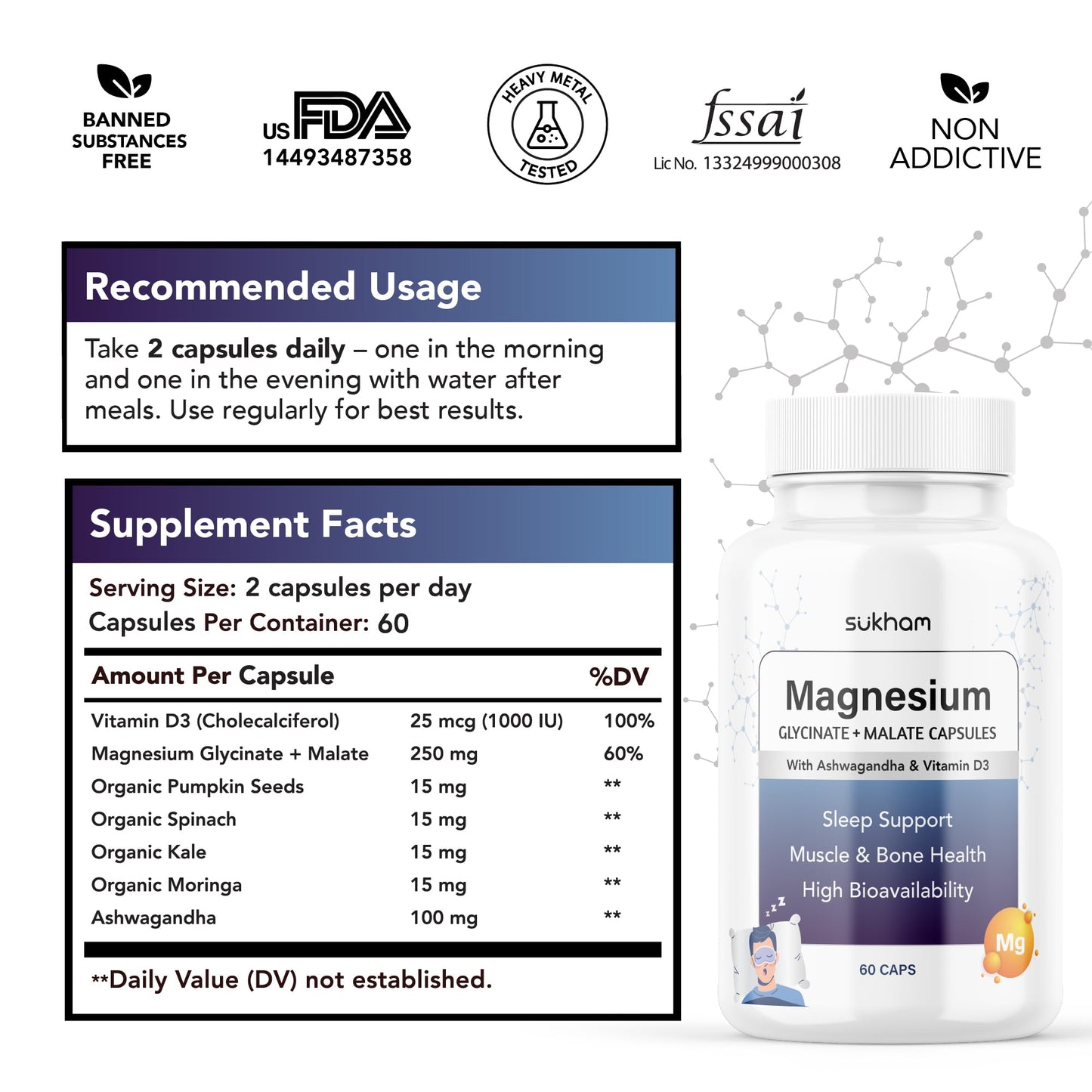 Sukham Magnesium Glycinate + Malate Capsules | 60 caps - 30 days | High Absorption Supplement | Helps with Better Sleep, Muscle & Bone Health | With Ashwagandha and Vitamin D3 | For Men & Women