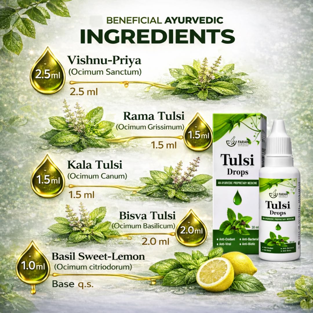 Faran Herbals Tulsi Drops – Ayurvedic Immunity Booster, 5 Tulsi Varieties, Respiratory & Throat Support, Antioxidant Rich, Herbal Wellness Drops, 30 ml
