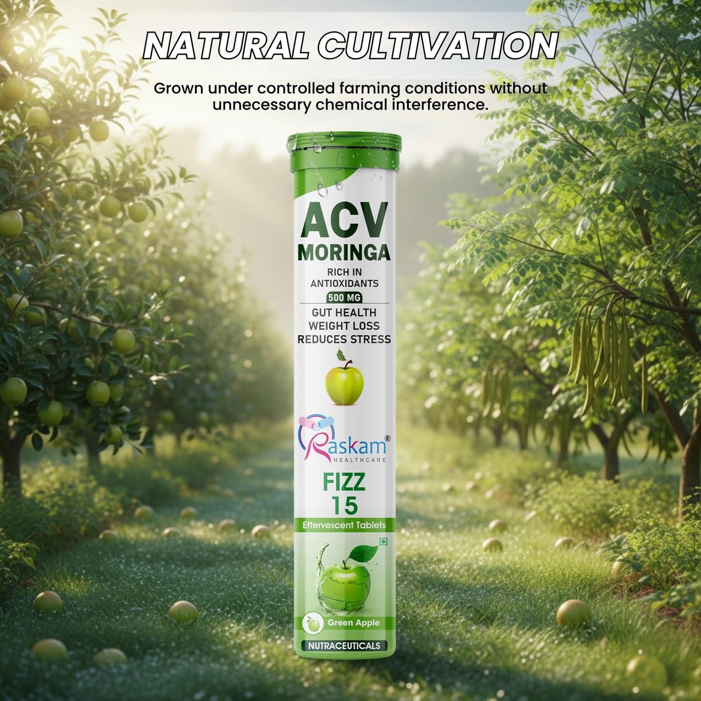 Raskam HEALTHCARE ACV Moringa 15 Effervescent Tablets 500 Mg Apple Cider Vinegar With No Added Sugar For Gut Health | Weight Loss | (Pack of 3, Green Apple)