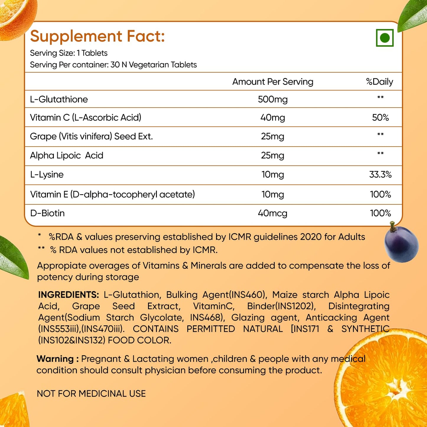 Herbalmax L-Glutathione 500mg Tablets with Vitamin C, Grape Seed Extract & Alpha Lipoic Acid β Dietary Supplement for Radiant Skin, Pigmentation & Dark Spot Support β 30 Veg Tablets