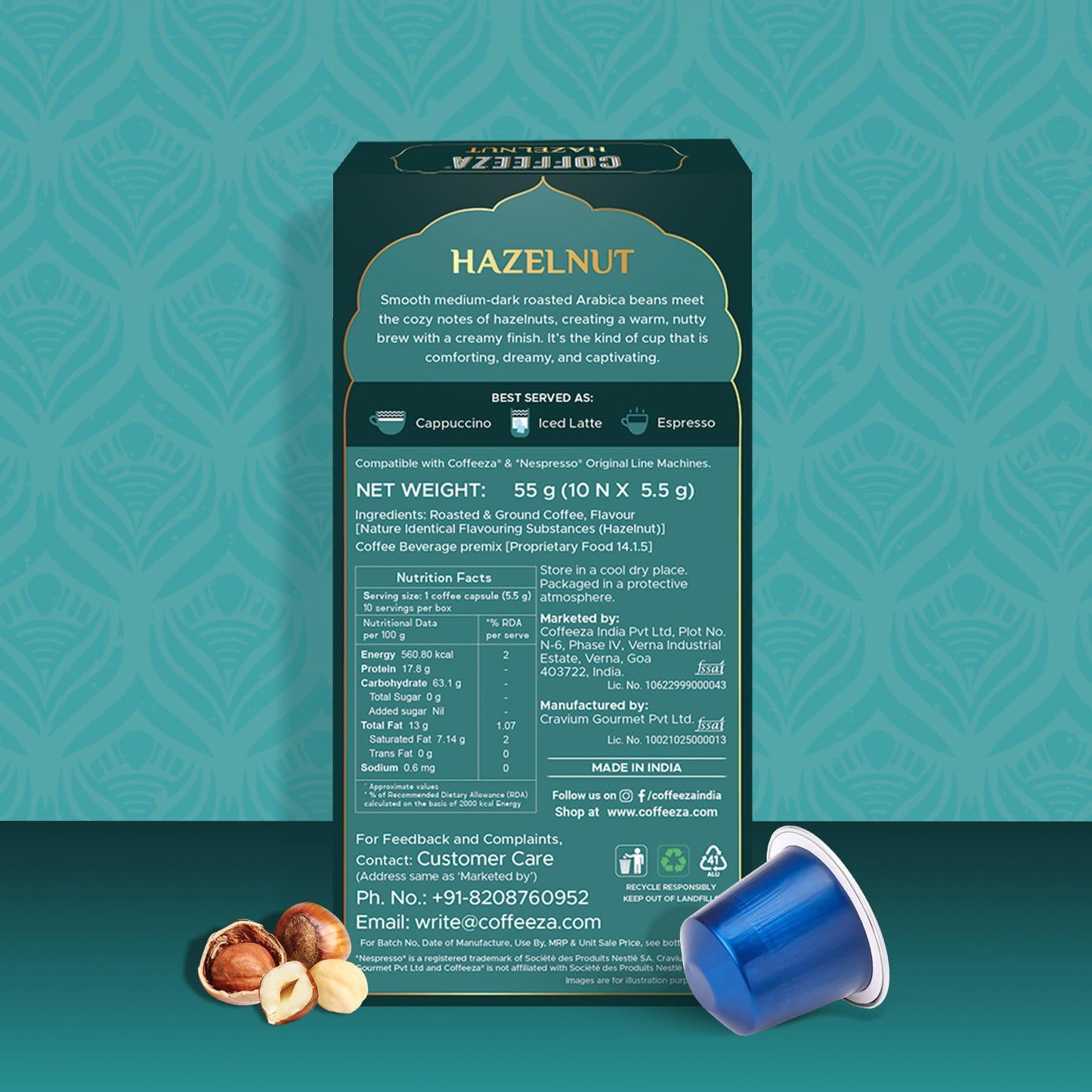 Coffeeza Hazelnut Flavoured Aluminium Coffee Capsules, Intensity - 7 |100% Arabica | Nespresso Compatible Coffee Pods | Box of 1 (10 Capsules)