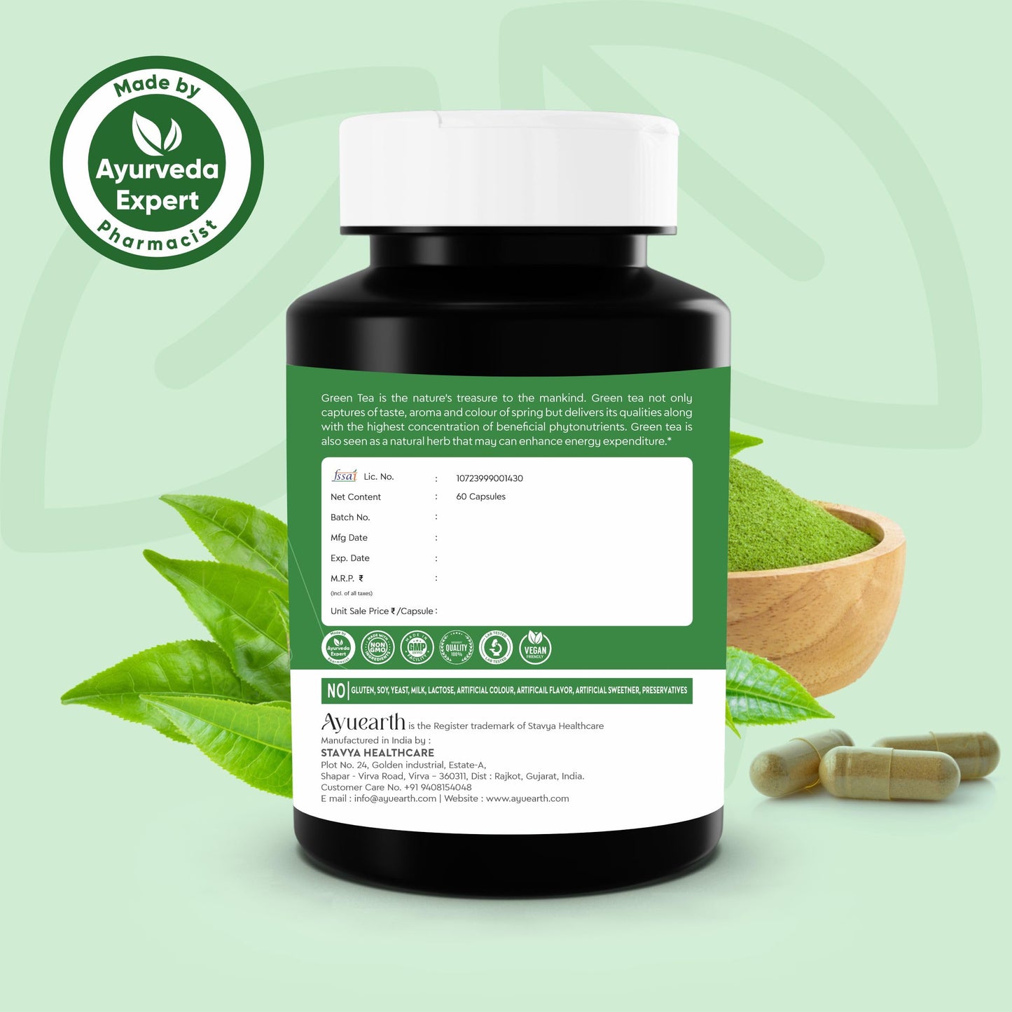 Ayuearth Green Tea Extract Capsule 500mg | 95% Plyphenols, 45% EGCG Extract | Camellia Sinessis | Anti Oxidant | 60 Veg Capsule