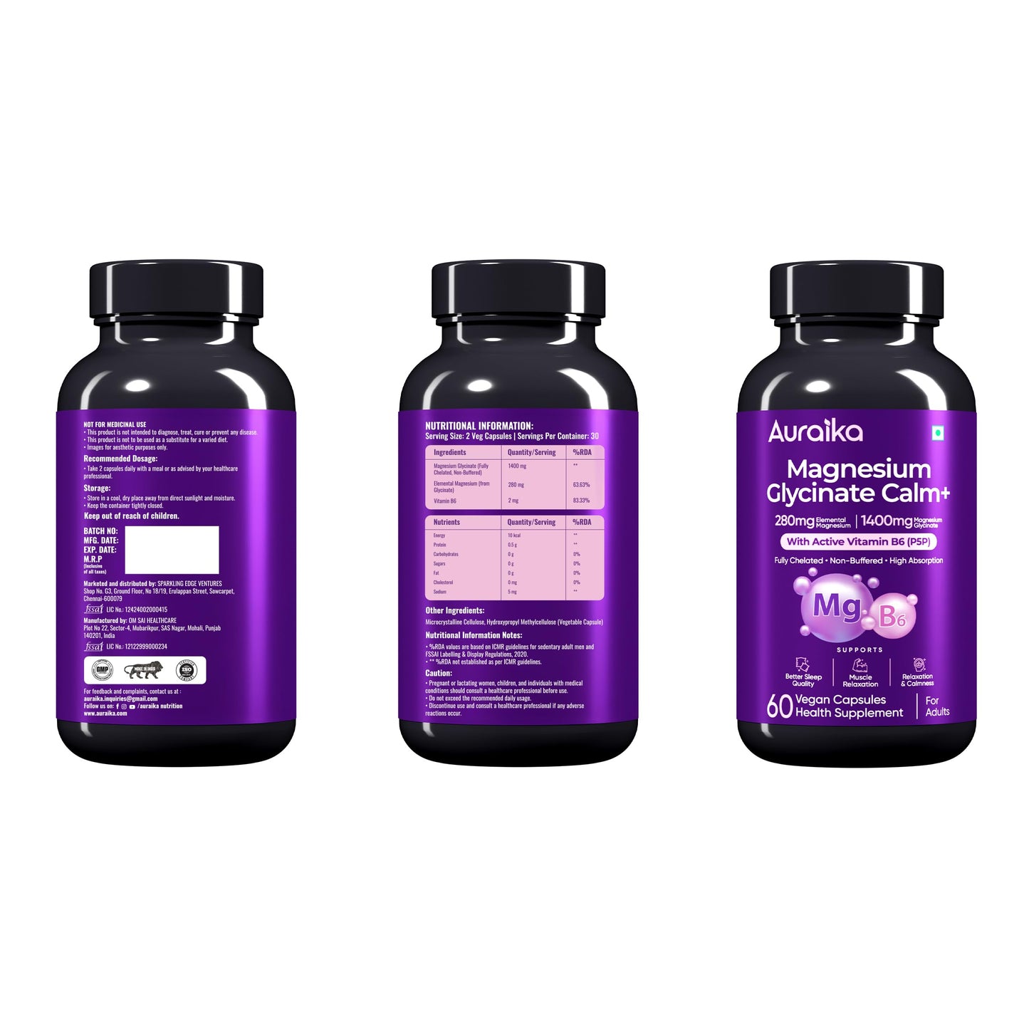 Auraika Magnesium Glycinate 1400mg with Vitamin B6 | 280mg Elemental Magnesium | Fully Chelated Non-Buffered Magnesium Supplement | Supports Relaxation, Restful Sleep, Muscle Recovery & Nervous System Health | 60 Veg Capsules