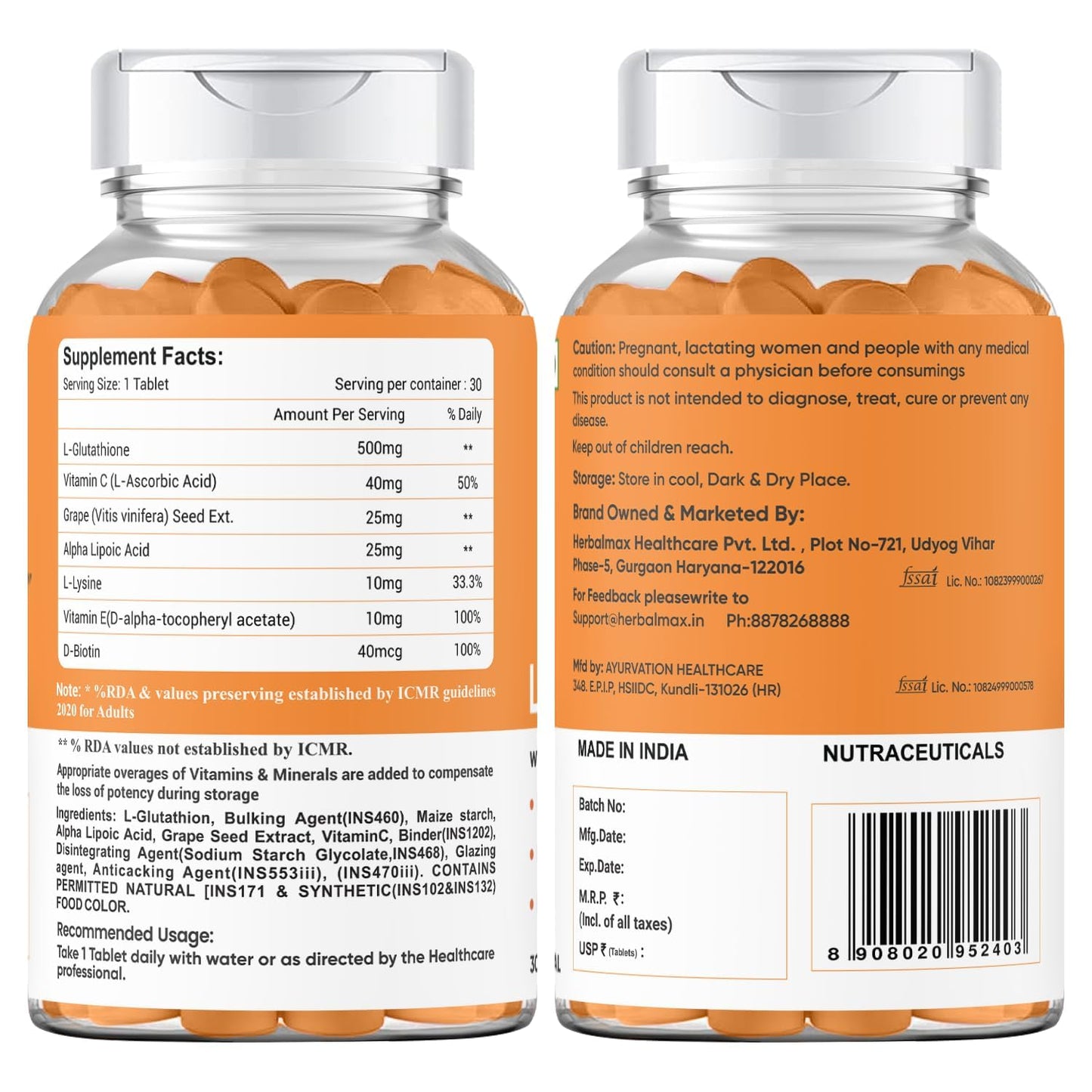Herbal Max Collagen & L-Glutathione Supplement Skin Brightening, Anti-Aging, Hair & Nail Support 90 Tablets For Men & Women