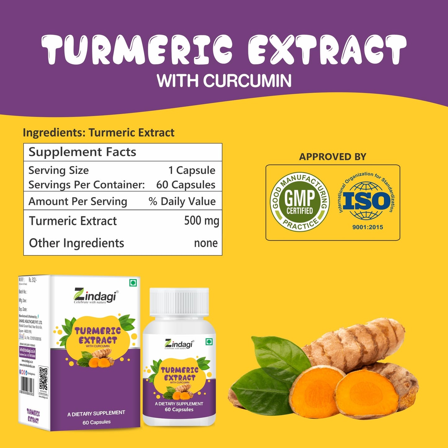Zindagi Turmeric Extract Capsules With Curcumin | Maintain Healthy Joints |Powerful Antioxidant | 60 Capsules |Pack of 3