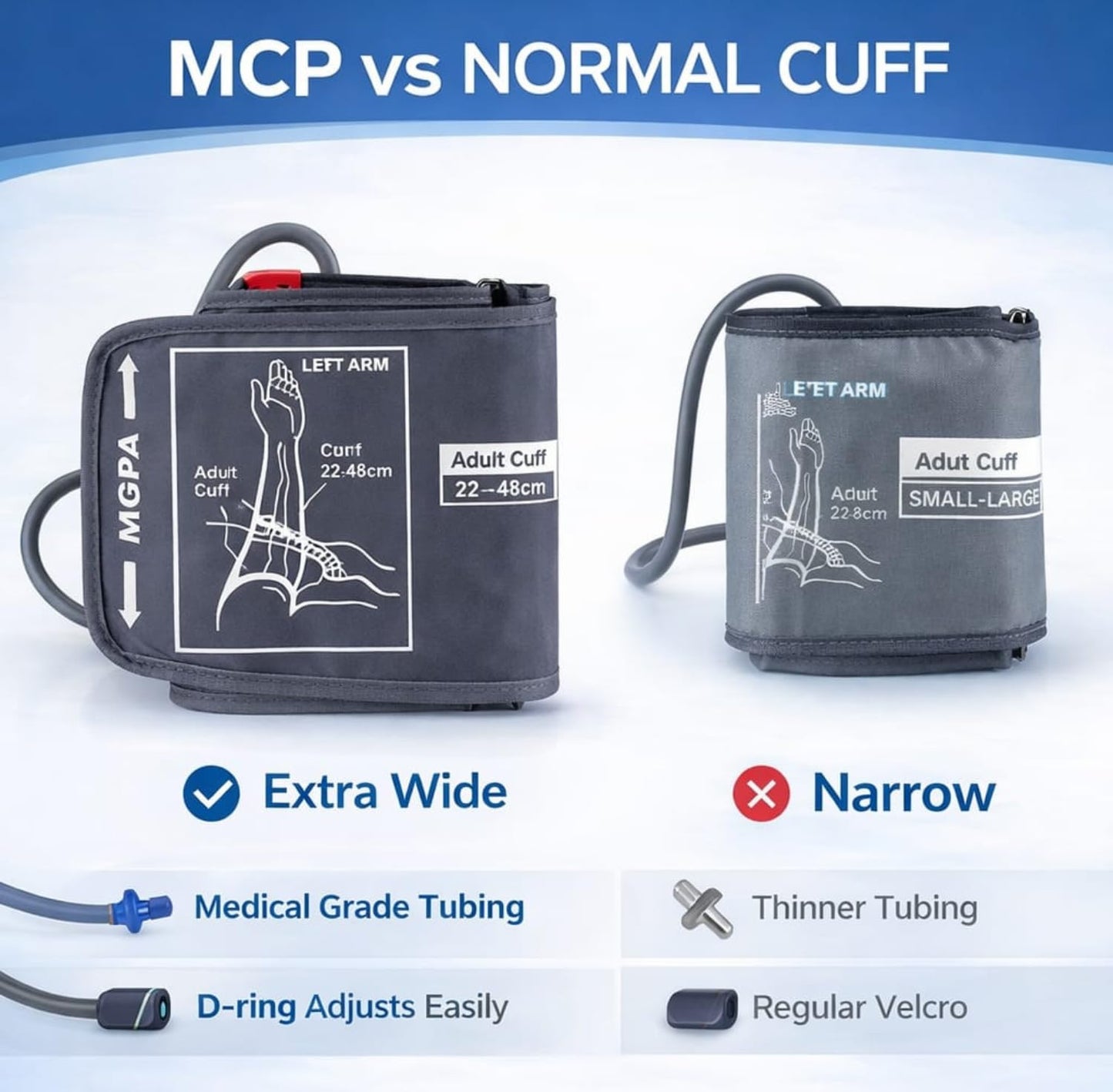 MCP BP Cuff Adult Blood Pressure Monitor Large Cuff XL Compatible with Omron B.P, Ageasy BP, Pharmeasy BP with 6 Size Connectors free (22-48CM)