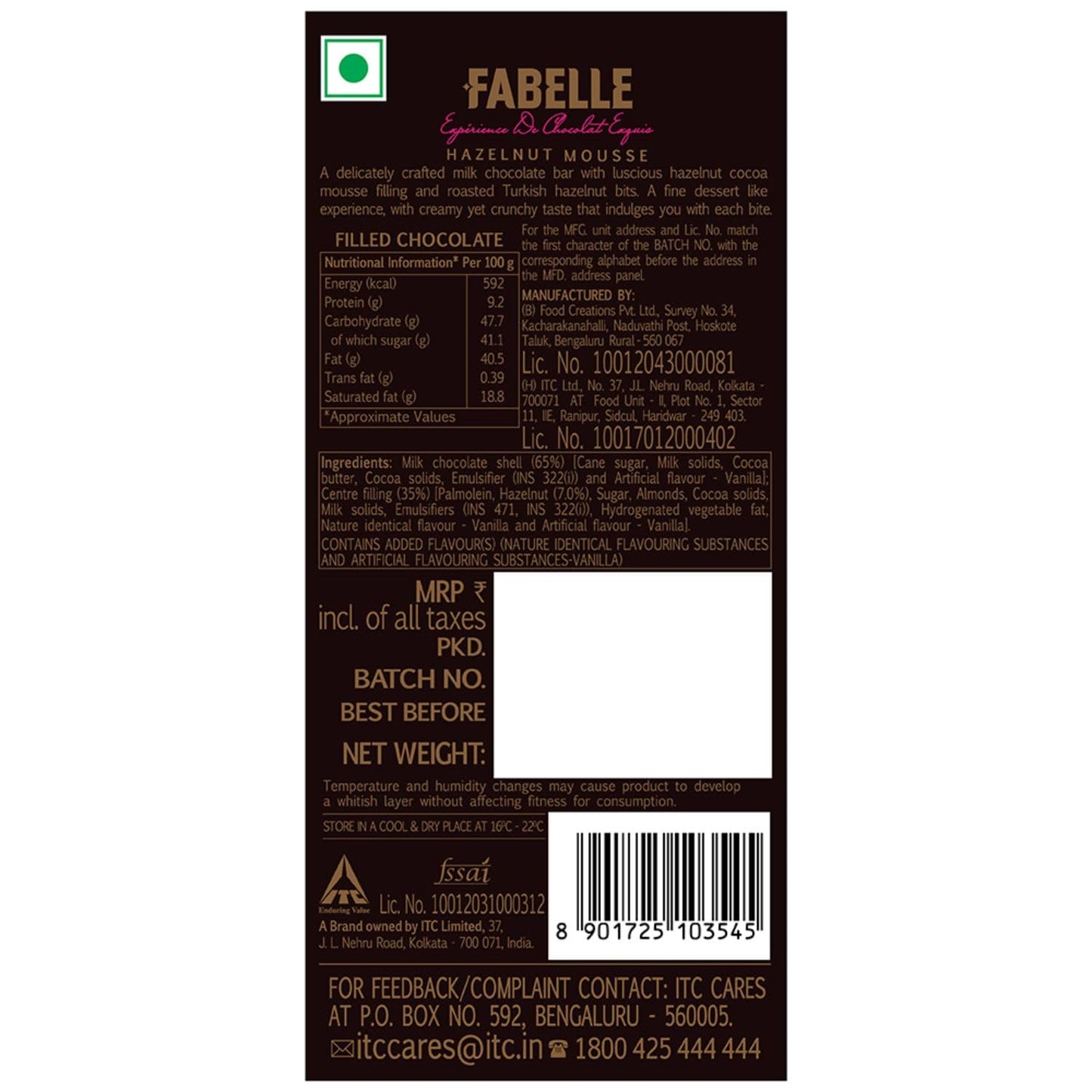 Fabelle Hazelnut Mousse, Centre-filled Luxury Chocolate Bar with Cocoa Mousse and Roasted Turkish Hazelnut Bits, 128g
