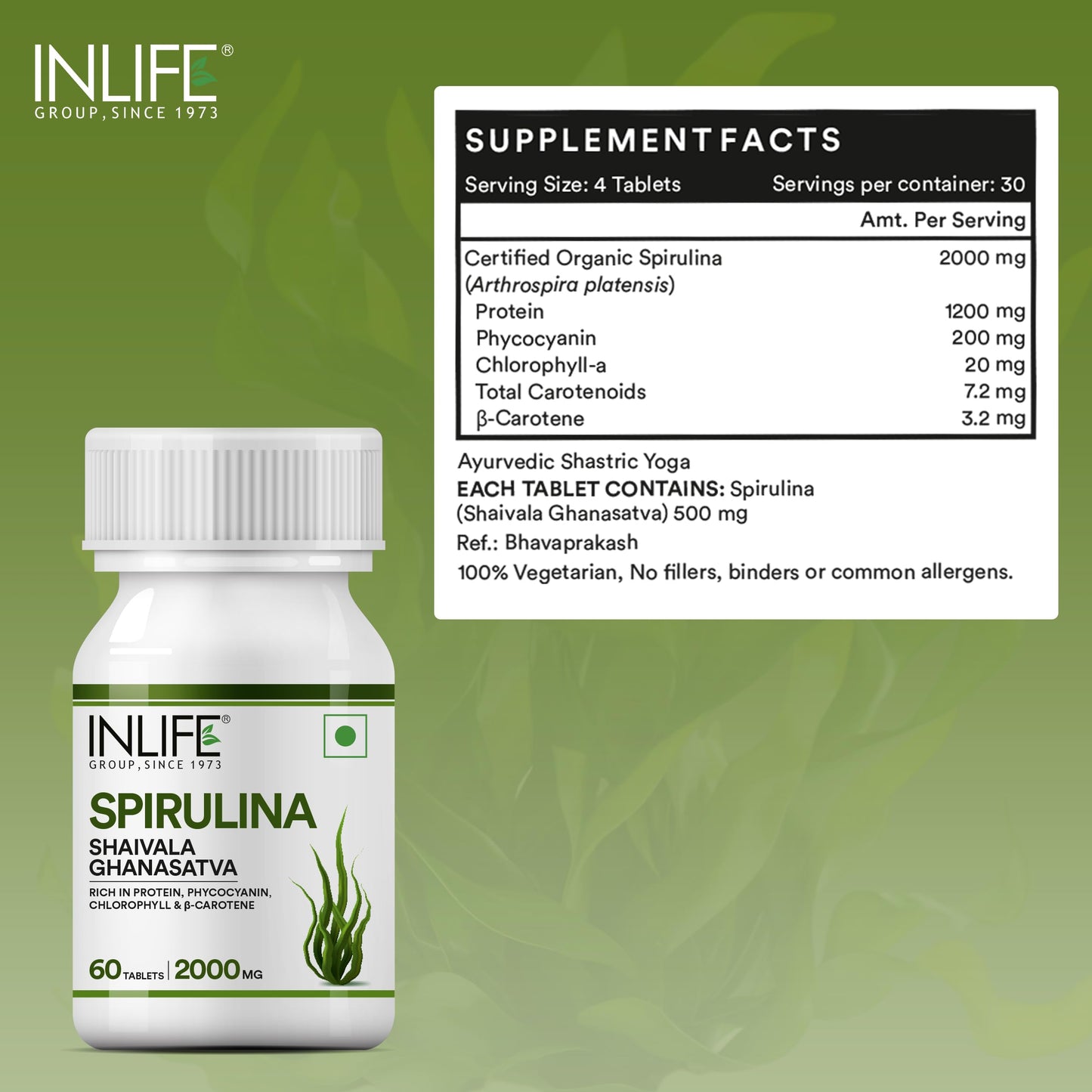 INLIFE Organic Certified Spirulina Supplement 500 mg - 60 Vegetarian Ca- image 6