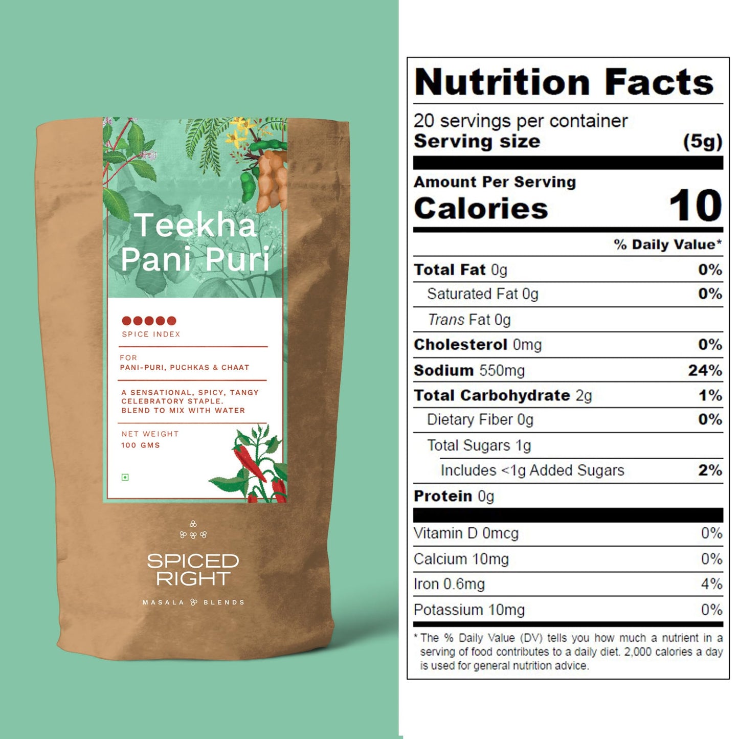 Spiced Right Teekha Pani Puri Masala Powder: Elevate Your Golgappa Experience with an Authentic Instant Mix of Natural Indian Spices | Best Pani Puri Masala Powder | 200g