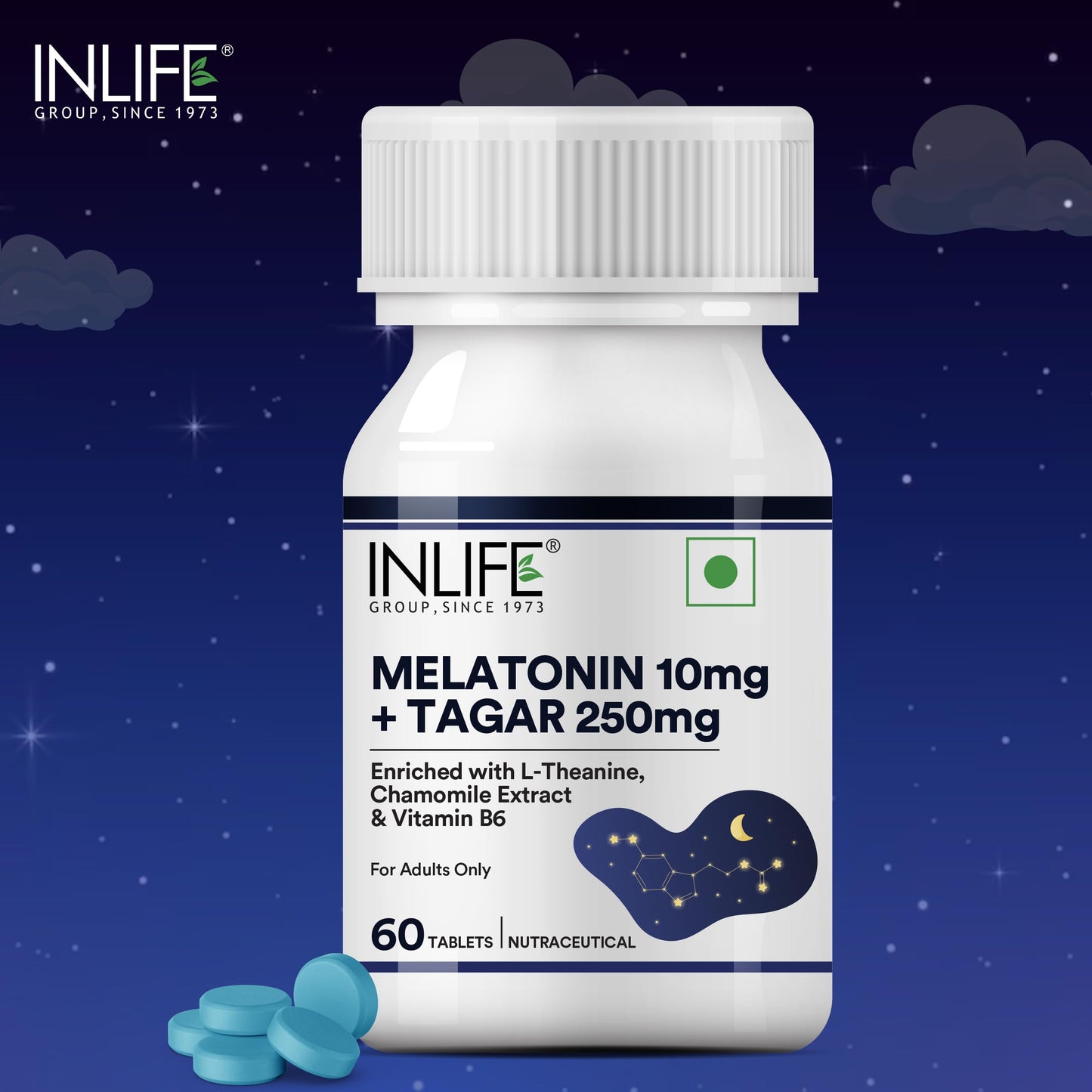 INLIFE Melatonin 10mg with Tagar 250mg | 60 Tablets | Enhanced with Vitamin B6 & Chamomile Extract | Non-Habit Forming (Pack of 1)