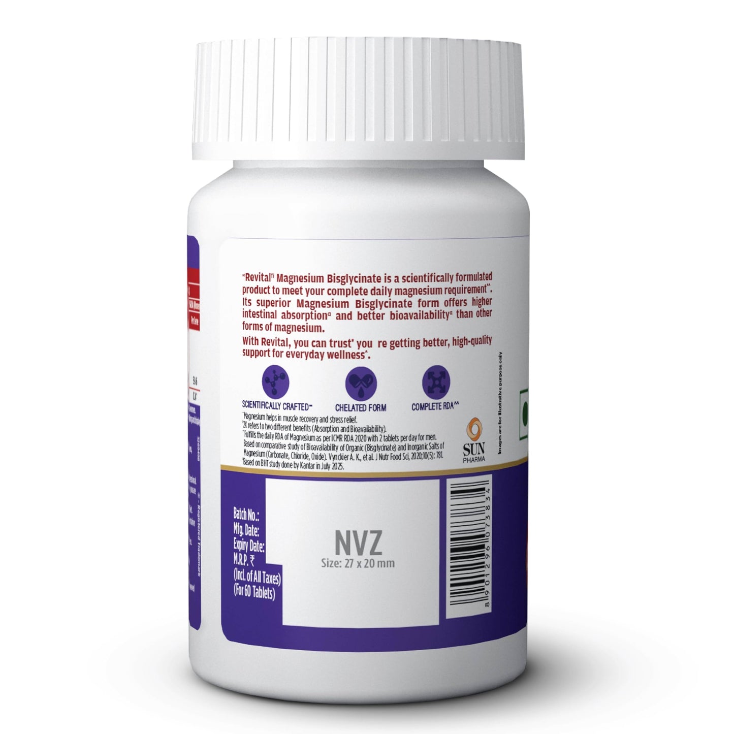 Revital Magnesium Bisglycinate | Chelated |100% RDA | 440mg Elemental Magnesium| 13% Higher Absorption| Scientifically crafted for both men & women | 2.5X Higher Bioavailability | Muscle Recovery & Stress Relief | Restful Sleep Support | 60 Tablets