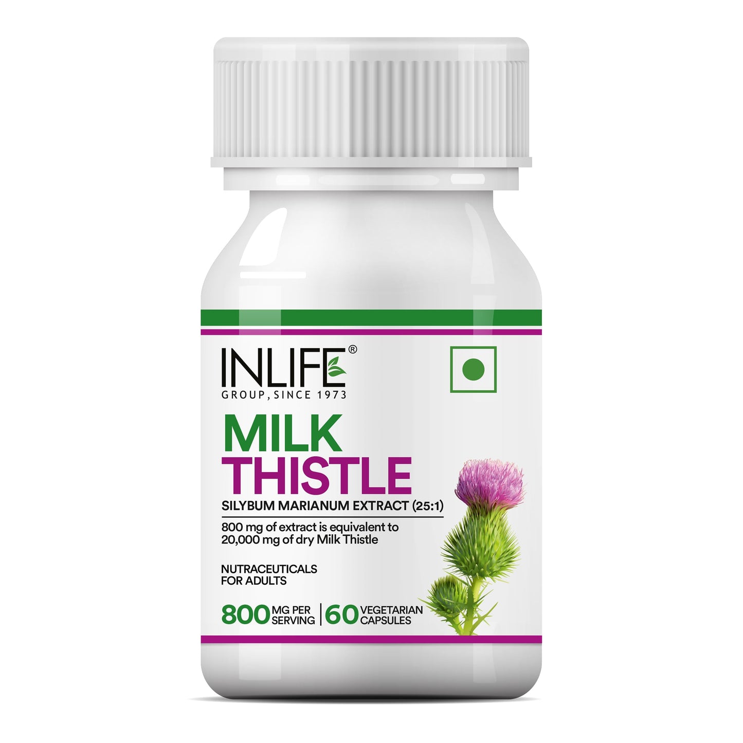 INLIFE Milk Thistle 800mg Silymarin, Silybum Marianum Extract 25:1, Liver Health & Detox Function, Men Women, 60 Veg Capsules (Pack of 1, 60)