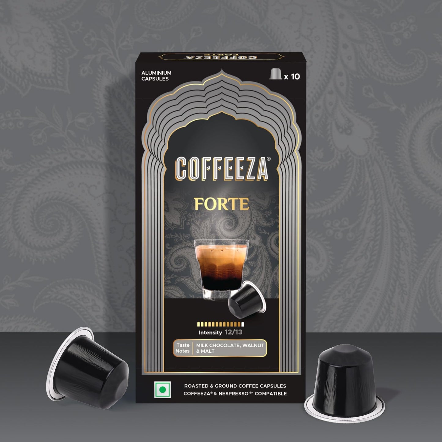 COFFEEZA Forte Aluminium Coffee Capsules, Intensity 12/10 - Nespresso Compatible Coffee Pods (Box Of 10), 90 Gram