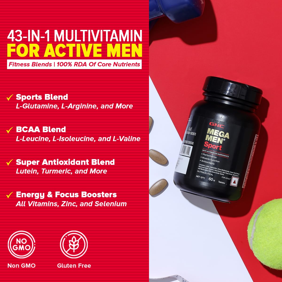 GNC Mega Men Sport Multivitamin for Men | 60 Tablets | 43 Premium Ingredients | Boosts Muscle Performance | Antioxidant Rich | Supports Prostate Health | Protects Heart & Vision | Formulated In USA
