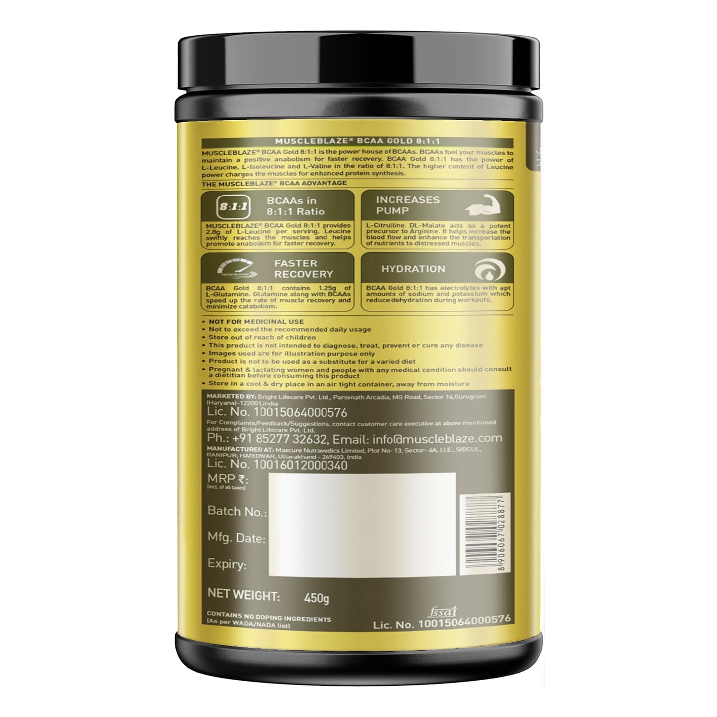 MuscleBlaze Bcaa Gold 8:1:1 Powder (Fruit Punch, 450G, 30 Servings) | W- image 8