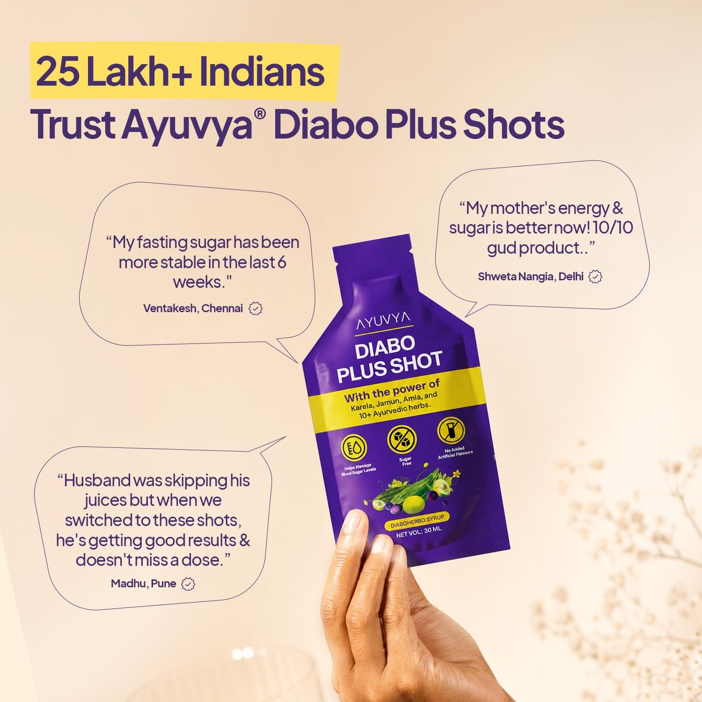 Ayuvya Diabo Plus Shots | For Type 2 Diabetes & PreDiabetes | Helps Manage Healthy Sugar Levels | Packed With Powerful Ayurvedic Ingredients Jamun, Karela, Neem & 10+ Ayurvedic Herbs | No Added Sugar| Pack of 1 month
